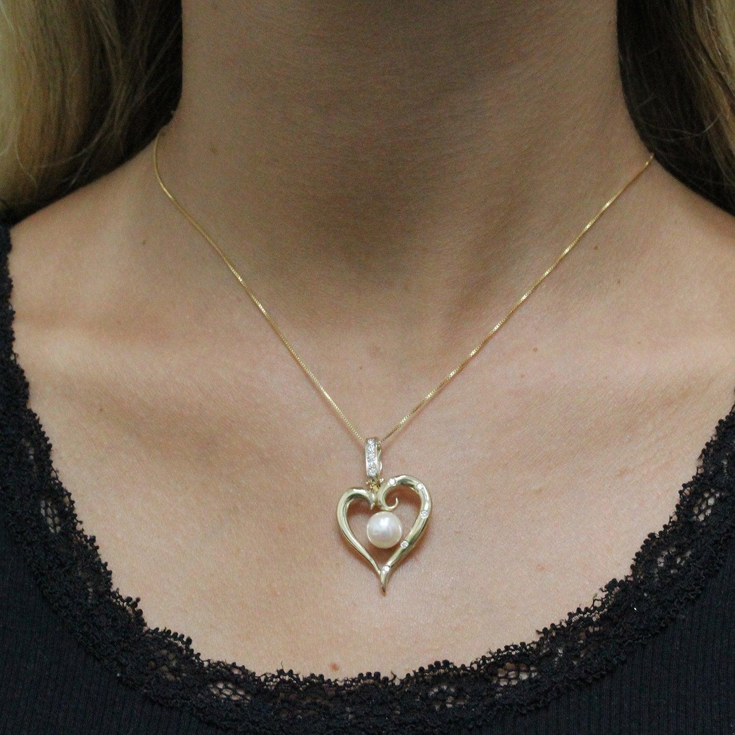 Open Heart Pearl Diamond Pendant Slider 14K Y/Gold 0.20 CTW 1.35"
