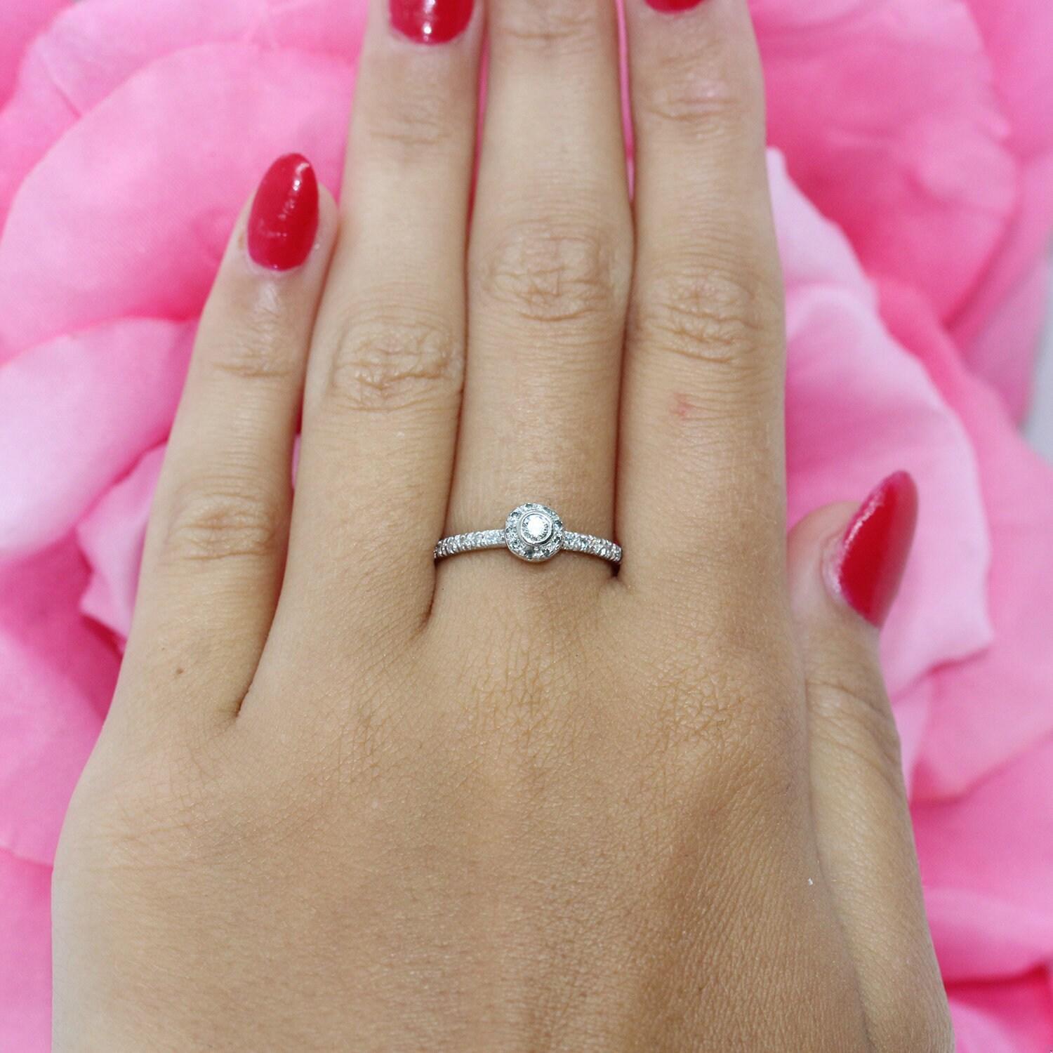 Platinum Round Diamond Halo Engagement Ring 0.35 TW Bezel Set SZ 5.25