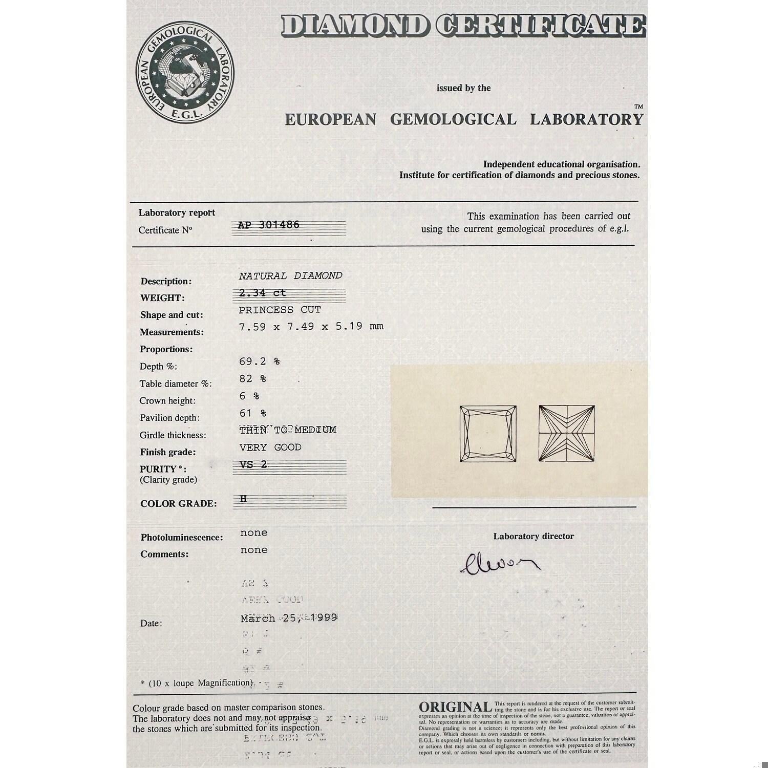 Princess Diamond Engagement Ring 14K White Gold 3.26 TW EGL Certificate SZ 7.25