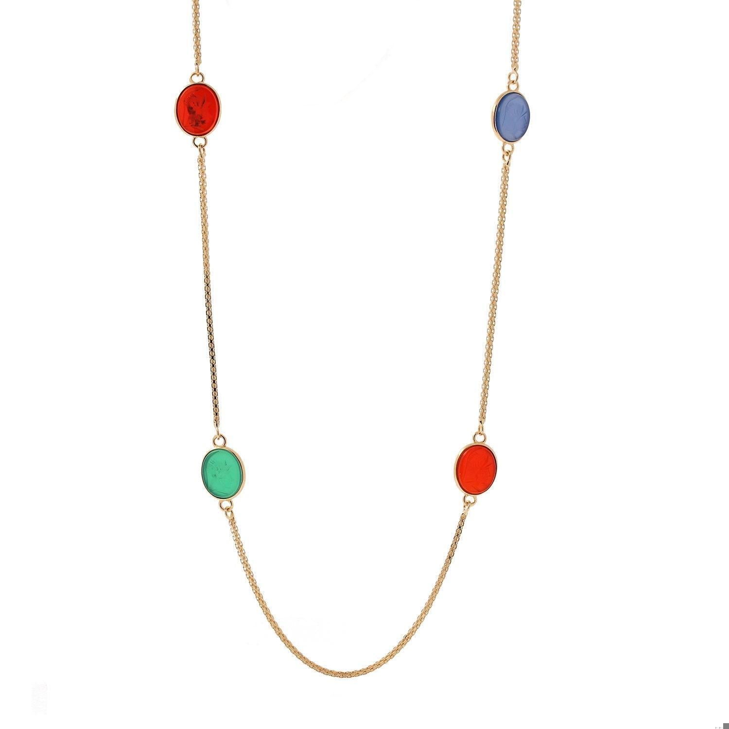 Roman Carved Intaglio Multi Gem Station Necklace 14K Yellow Gold Box Link 30"