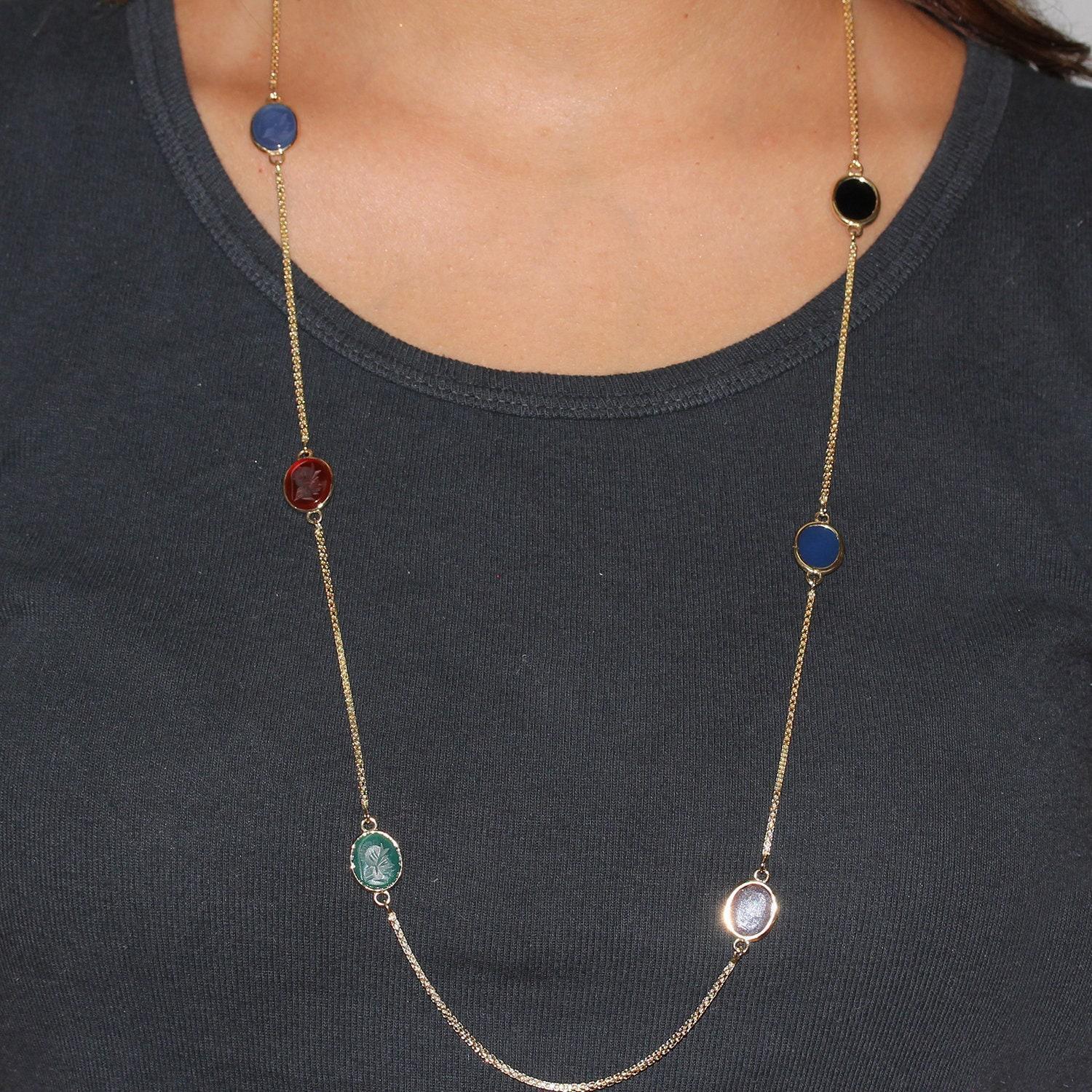 Roman Carved Intaglio Multi Gem Station Necklace 14K Yellow Gold Box Link 30"