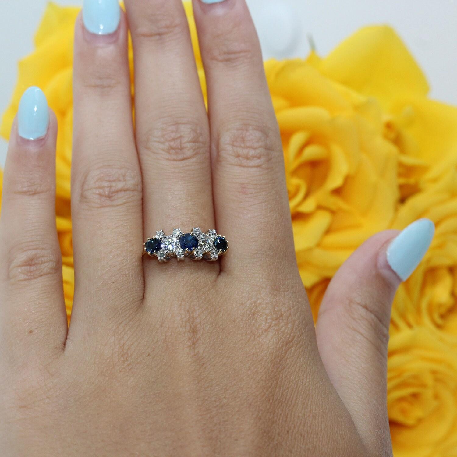 Sapphire Diamond Half Eternity Band Ring Two-Tone Gold 1.08 CTW Size 5.75 Estate