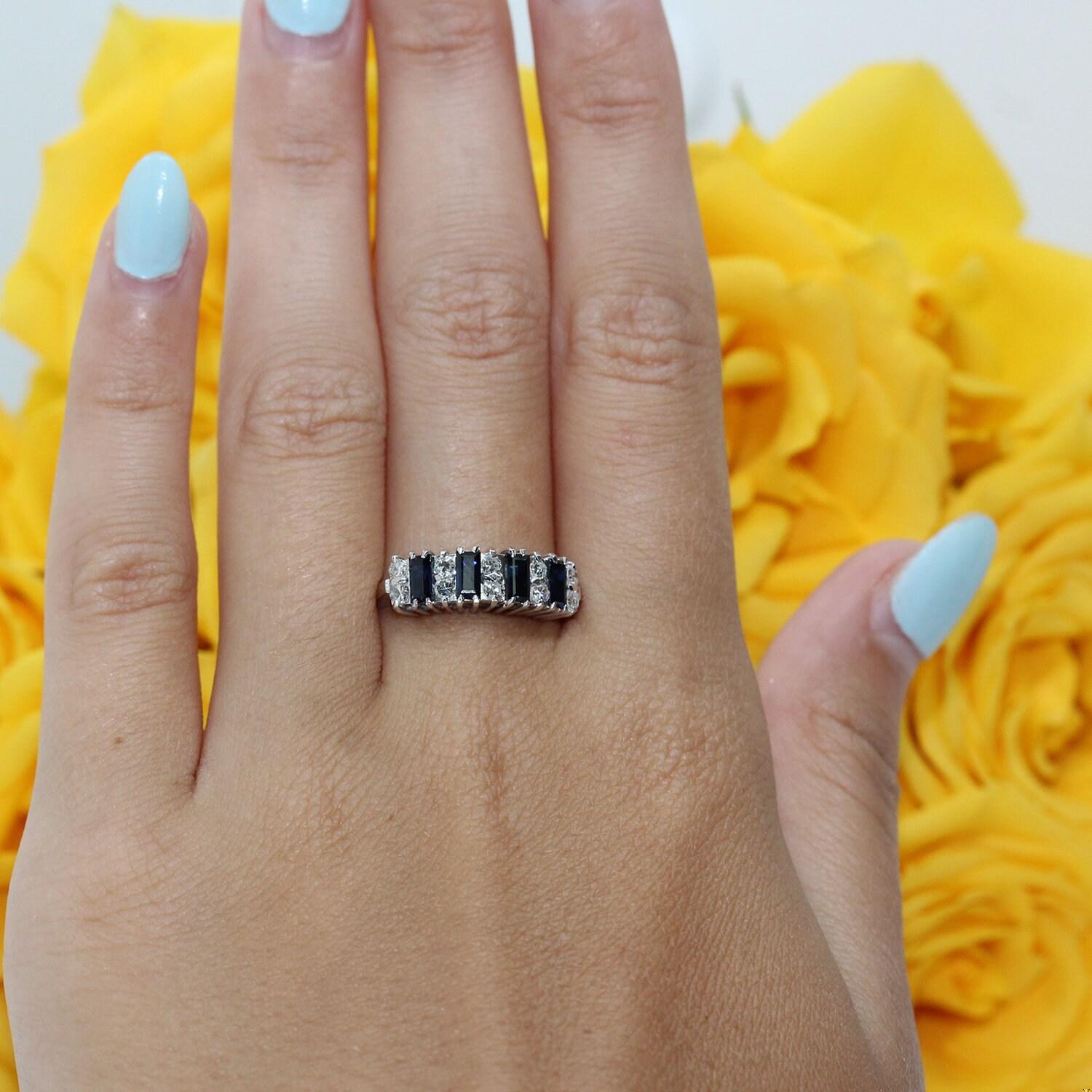 Sapphire Diamond Half Eternity Band Ring 18K White Gold 0.85 CTW Size 6.5 Estate