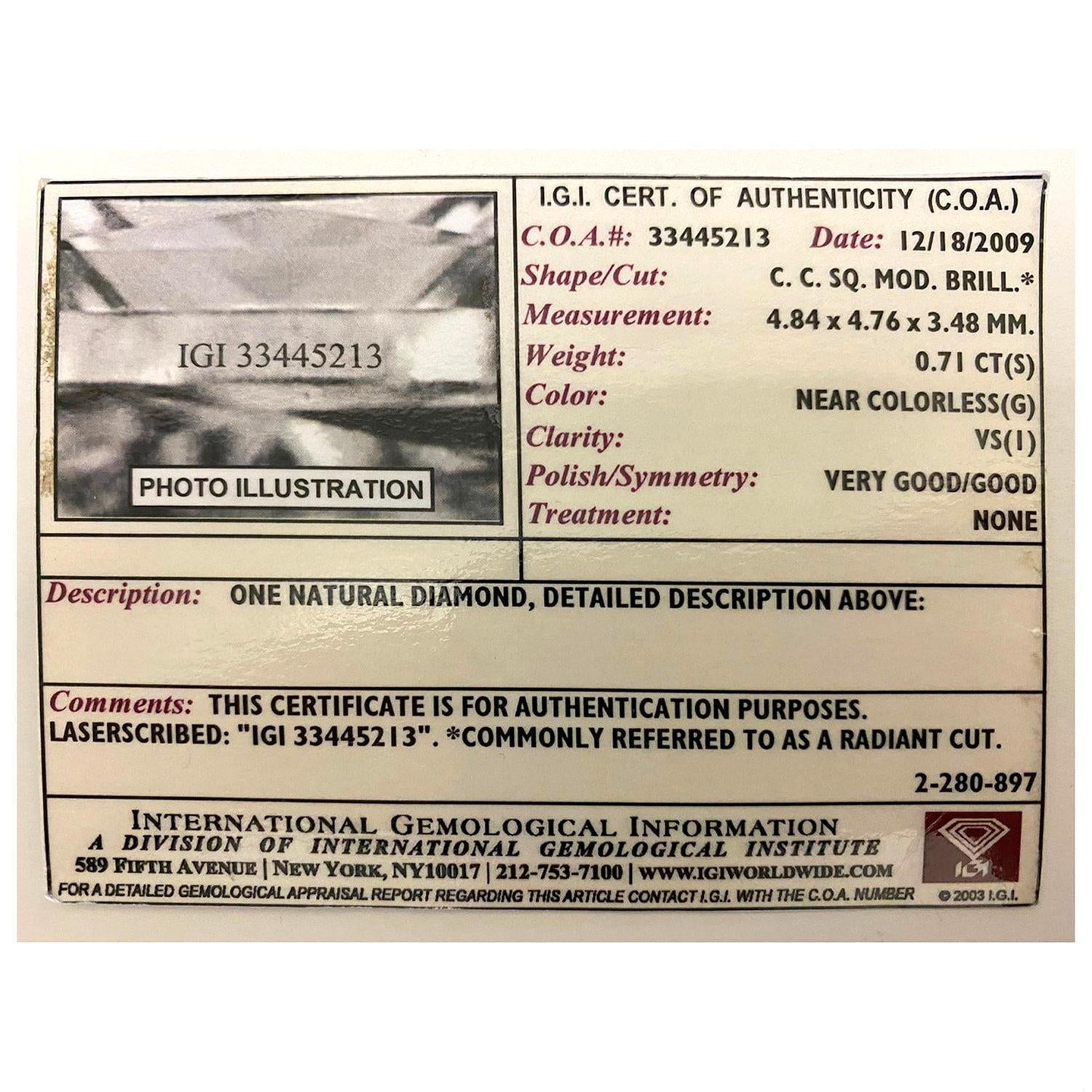 1.21 TW Square Radiant Cut Diamond Engagement Ring IGI Certified 14K White Gold