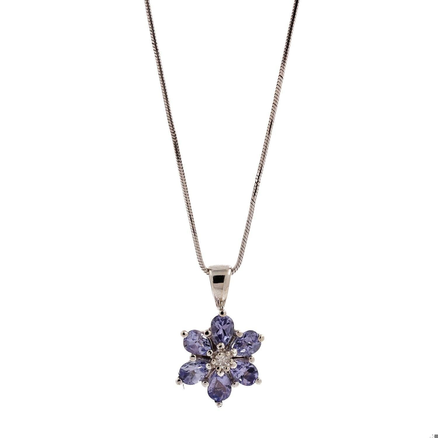 Tanzanite Diamond Flower Pendant Snake Chain Necklace 14K White Gold 18.75"