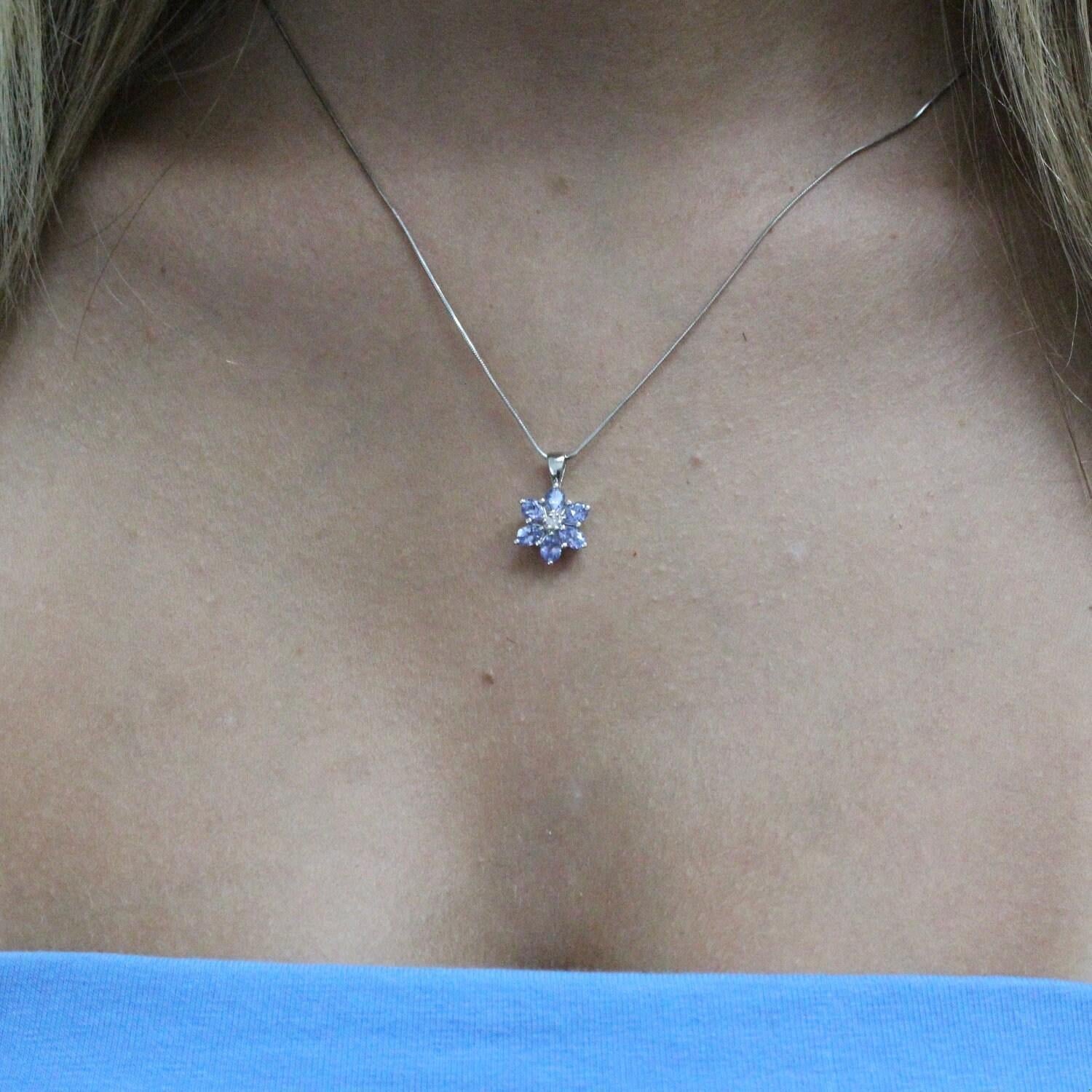Tanzanite Diamond Flower Pendant Snake Chain Necklace 14K White Gold 18.75"