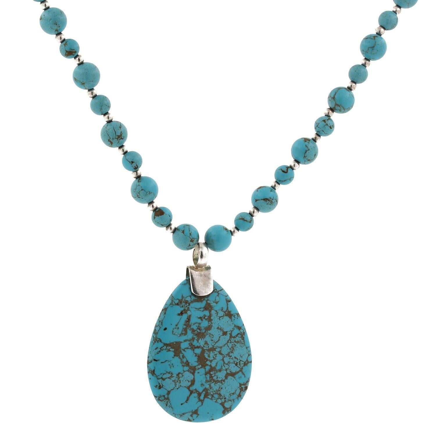 Turquoise Teardrop Pendant Turquoise Beaded Necklace Sterling Silver 20"