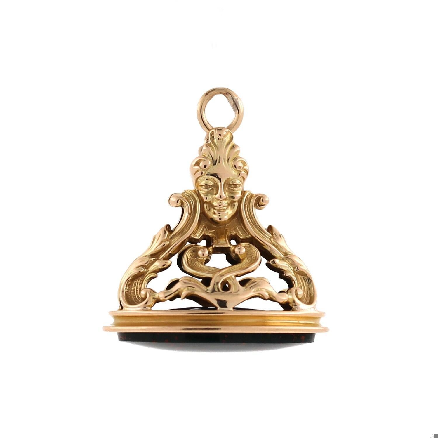 Antique Bloodstone Fob Pendant 14K Yellow Gold Figural Ornate Estate 12.3g