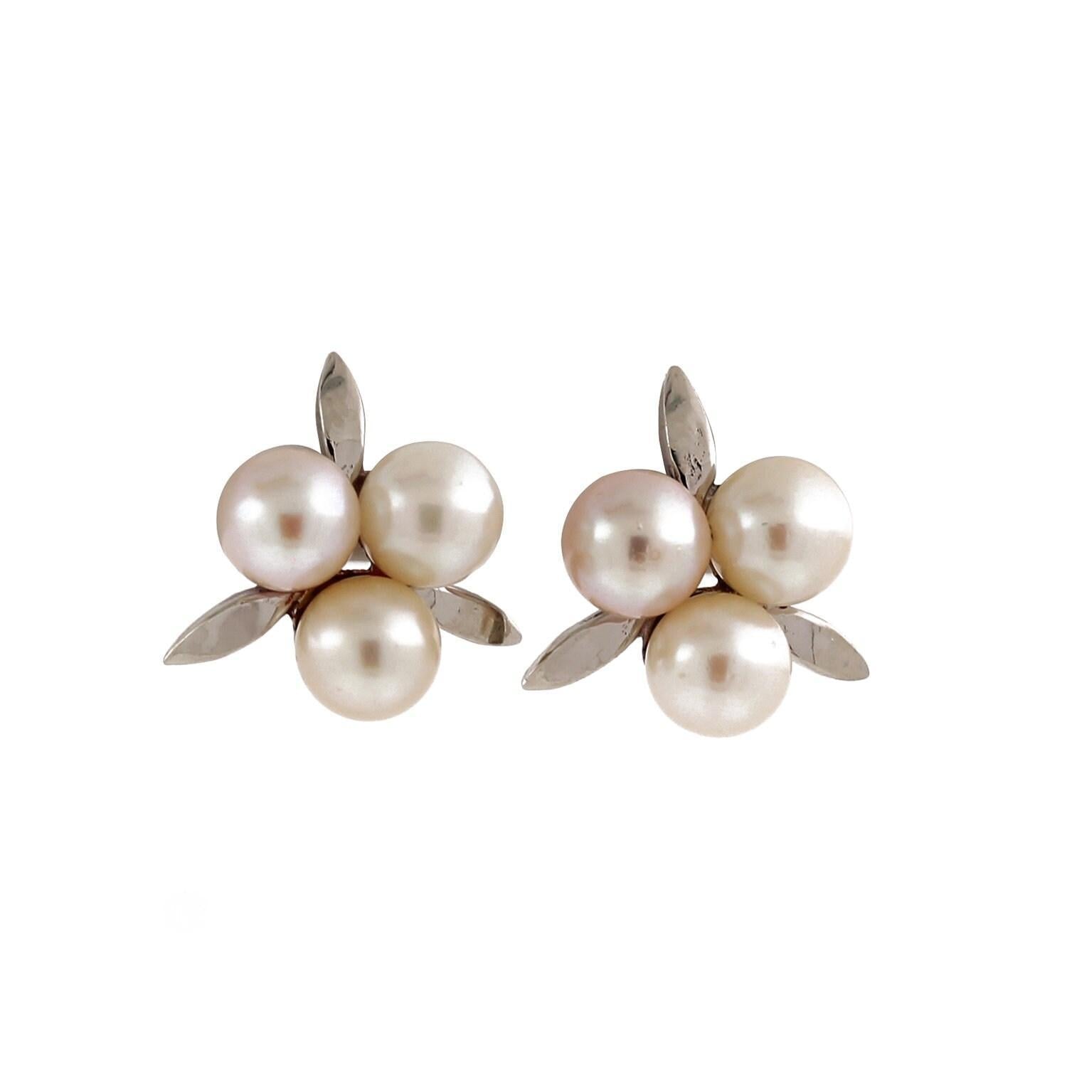 Vintage Freshwater Pearl Floral Stud Earrings 14K White Gold 0.45" Estate