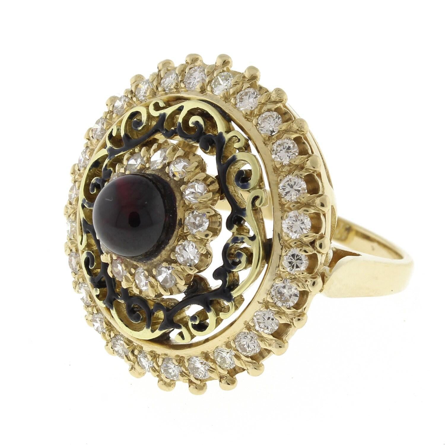 Vintage Garnet Diamond Statement Ring 14K Yellow Gold 2.40 CTW Cabochon Gem 5.25