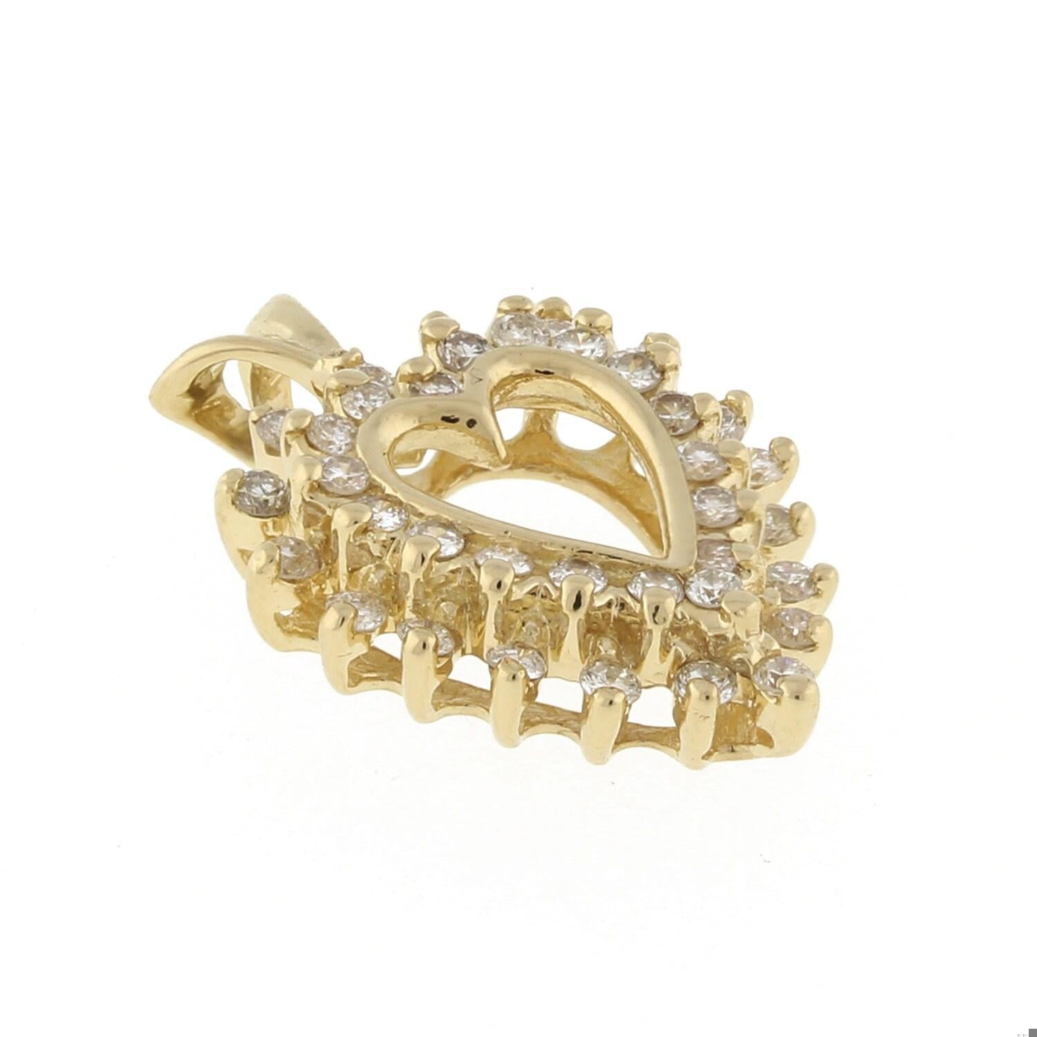 Double Halo Diamond Open Heart Pendant Charm 14K Yellow Gold 0.75 TW Ladies