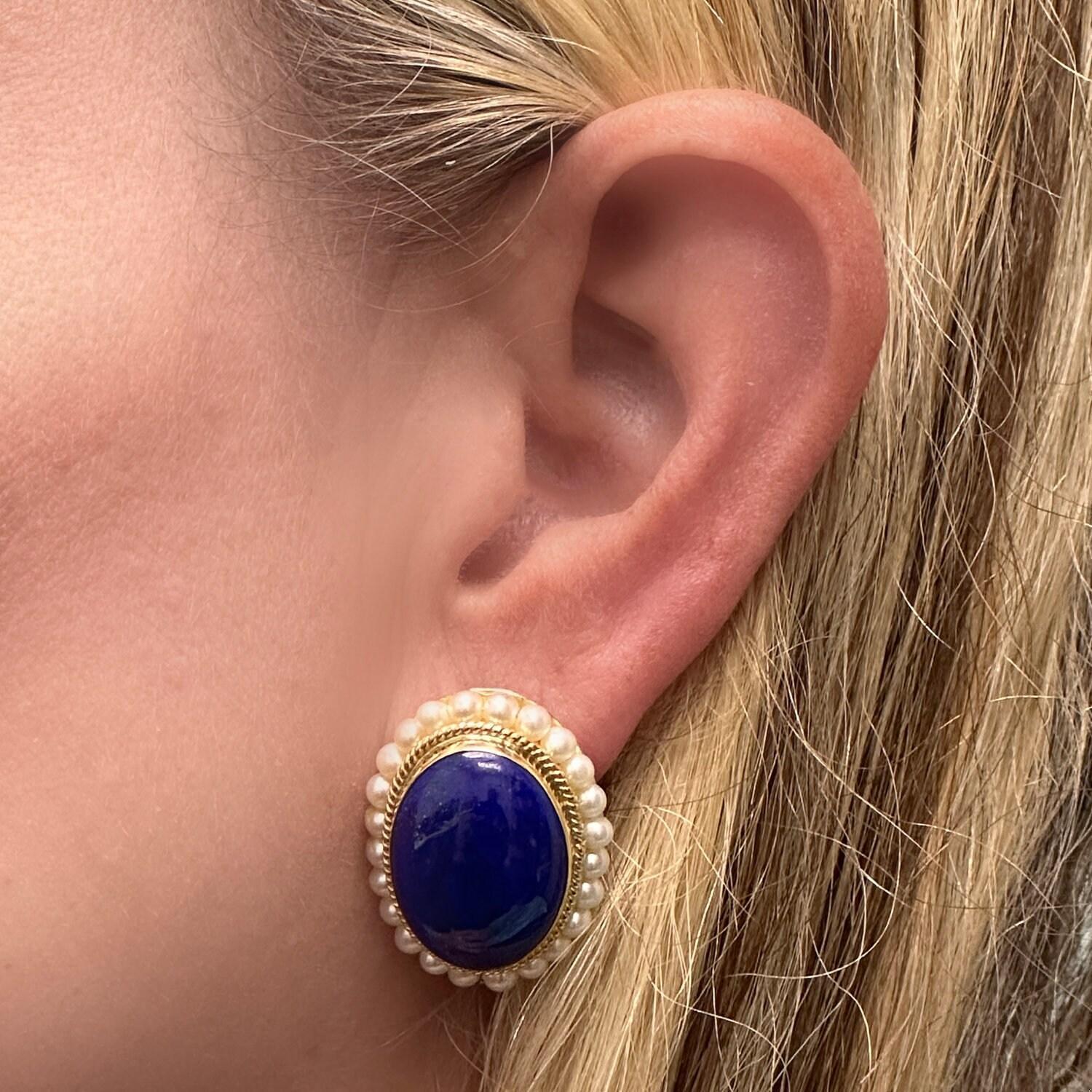 Lapis Lazuli Pearl Floral Earrings 18K Yellow Gold Omega Backs 0.80" Ladies