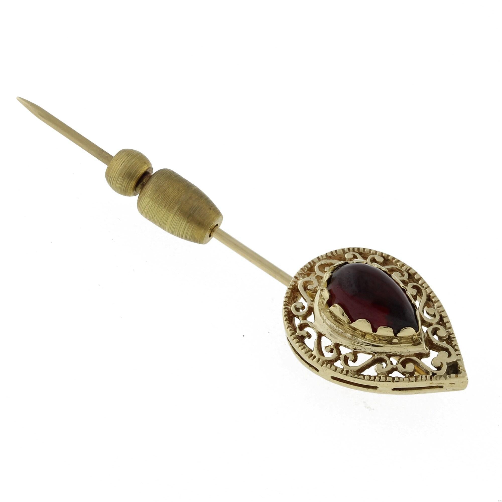 Vintage Cabochon Pear Garnet Gemstone Brooch Pin 14K Yellow Gold Ladies Estate