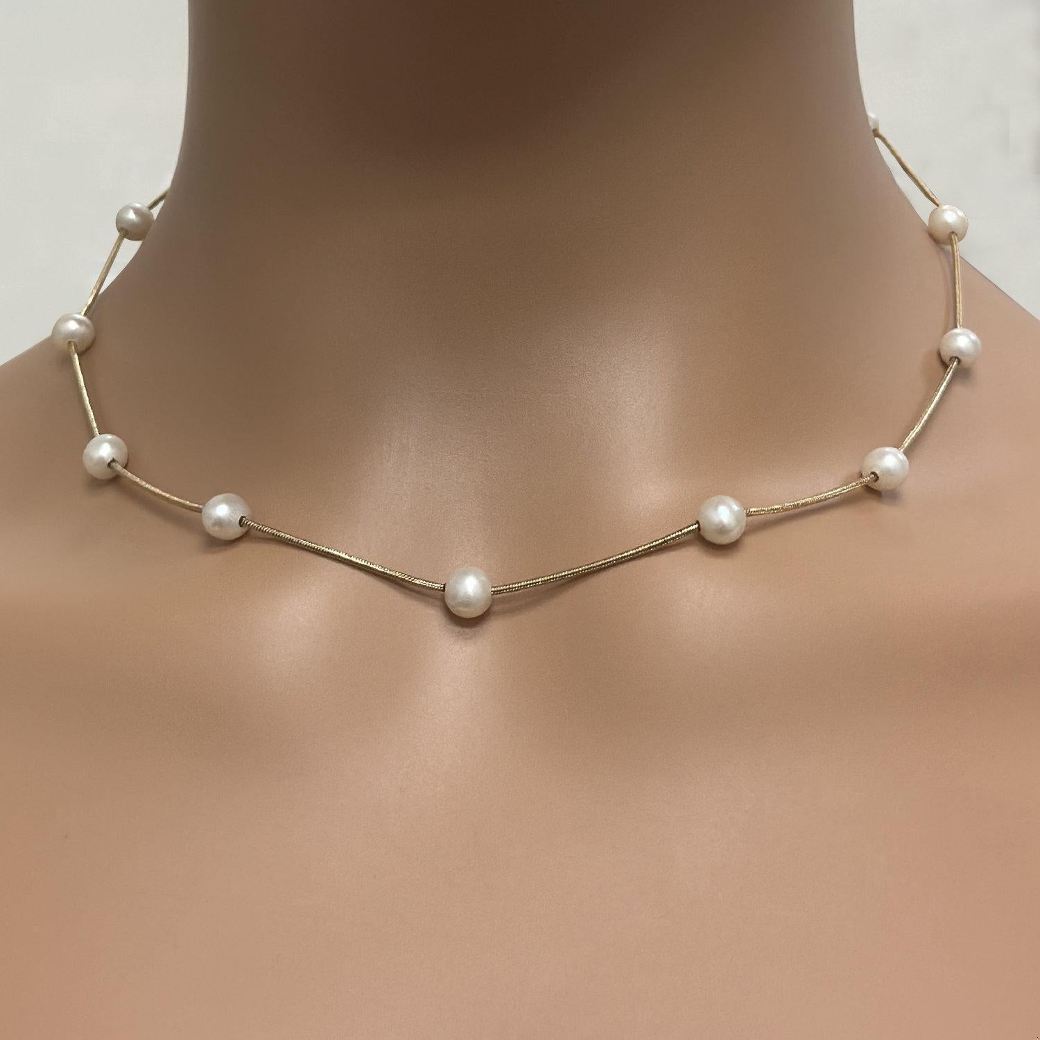 Vintage Pearl Station Necklace 14K Yellow Gold Snake Chain Estate 18"