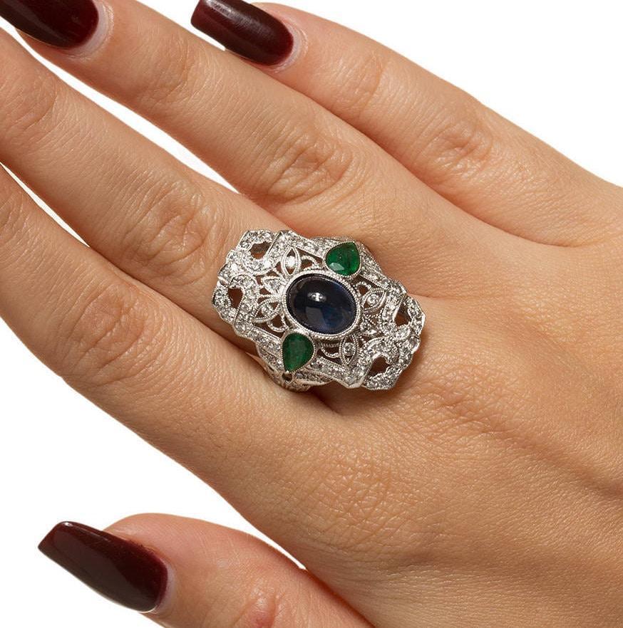 Vintage Cabochon Sapphire Emerald Diamond Statement Ring 18K White Gold SZ 9.25