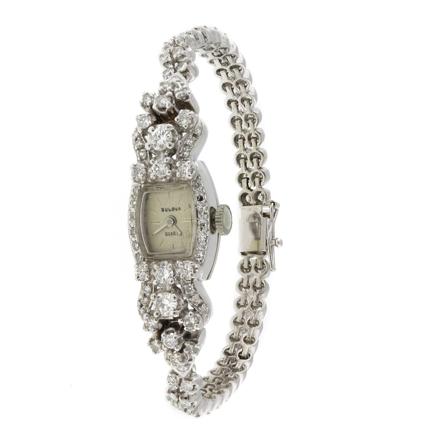 Waltham Bulova Quartz Ladies Diamond Wrist Watch White Gold 2.50 TW 6.5" Estate