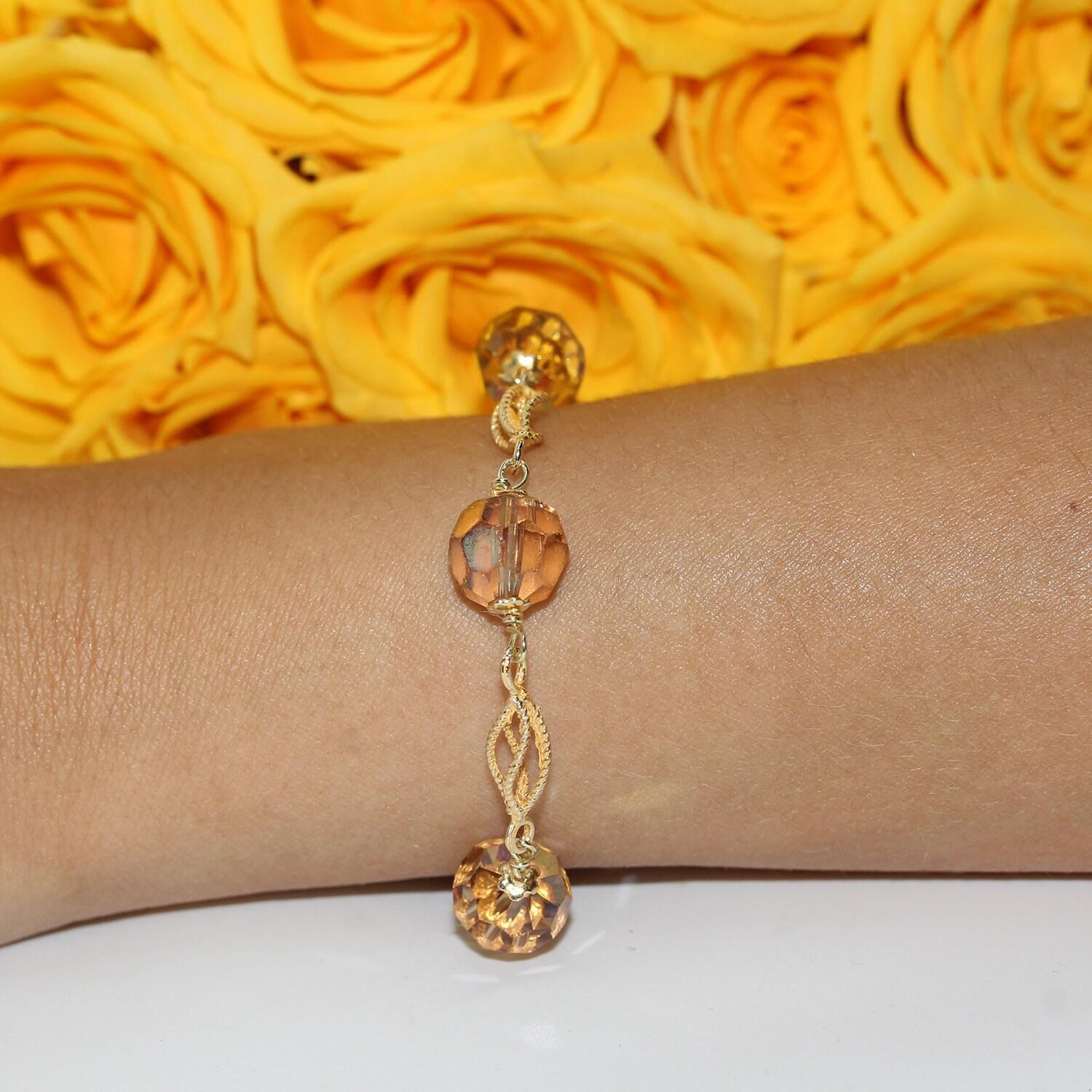 Yellow Crystal Gemstone Ball Bracelet 14K Yellow Gold 9.50 mm Faceted Gems 7.5"