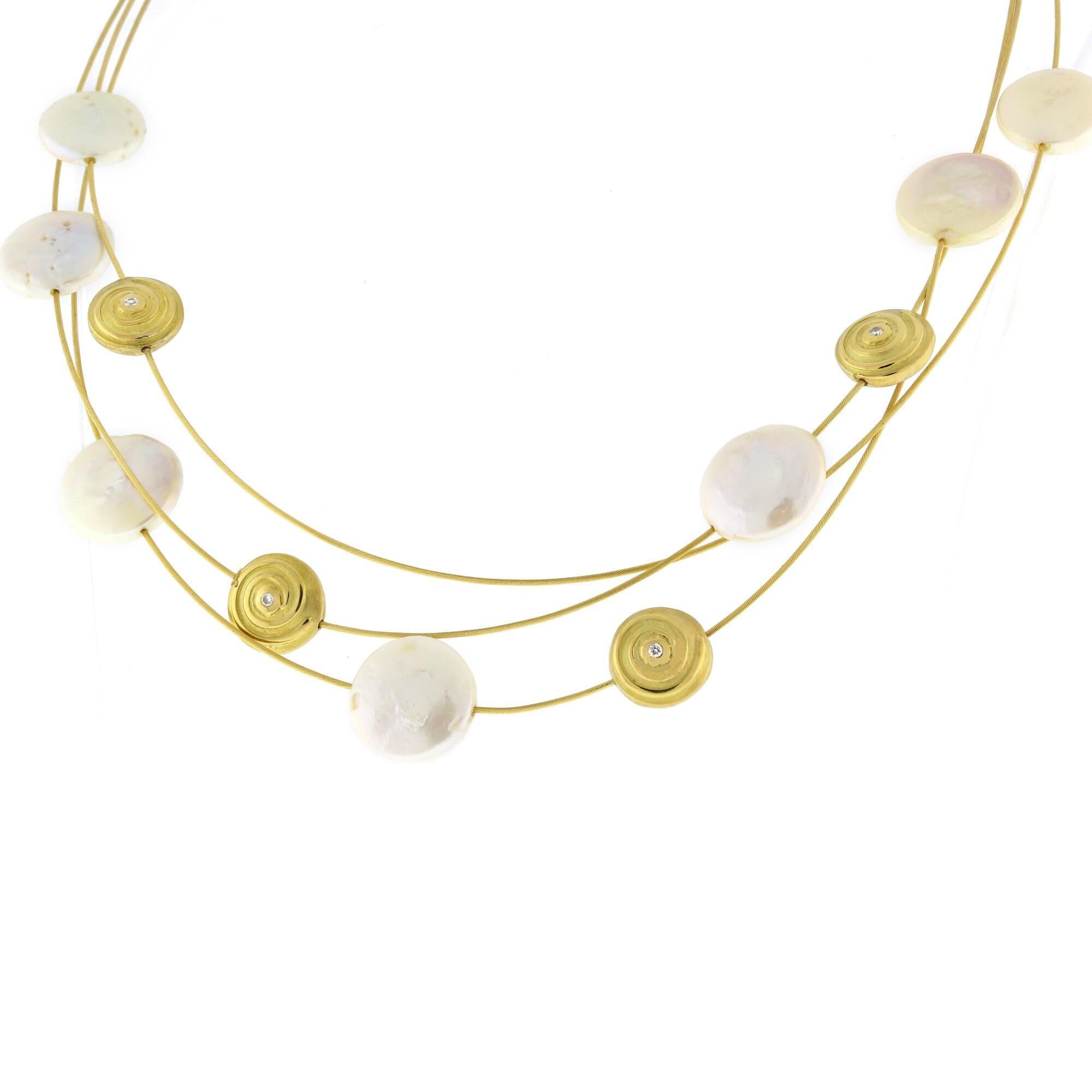Yvel Coin Freshwater Pearl Diamond Multi Strand Necklace 18K Gold 18" Ladies