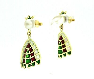 Vintage Enamel Shell Yellow Gold Dangle Drop Earrings 14K Gold Ladies