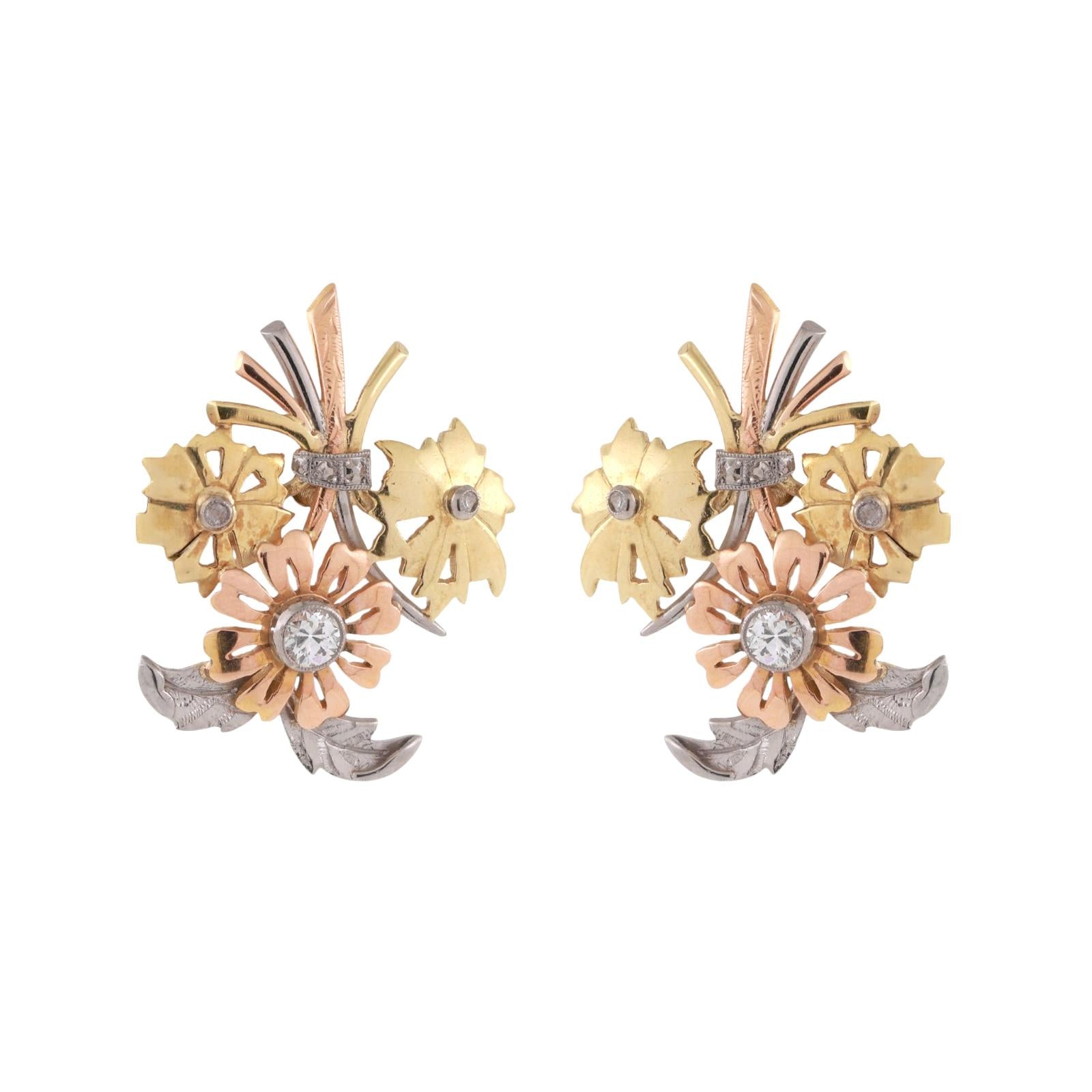 Vintage Floral Tri Color Gold Stud Earrings 0.35 TW Old European Cut Diamonds