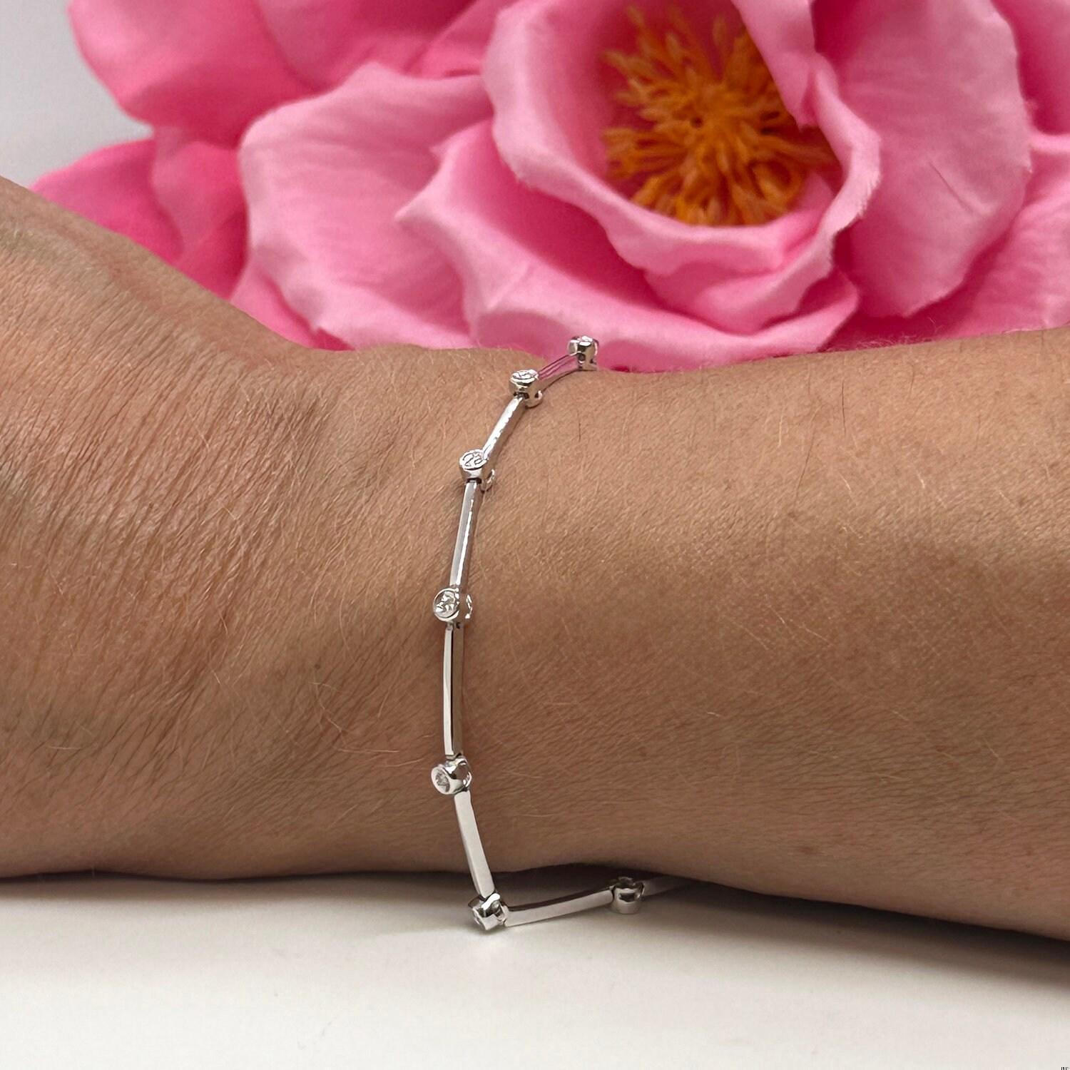 Bezel Diamond Bar Link Station Bracelet 18K White Gold 0.18 TW 7" Ladies Estate