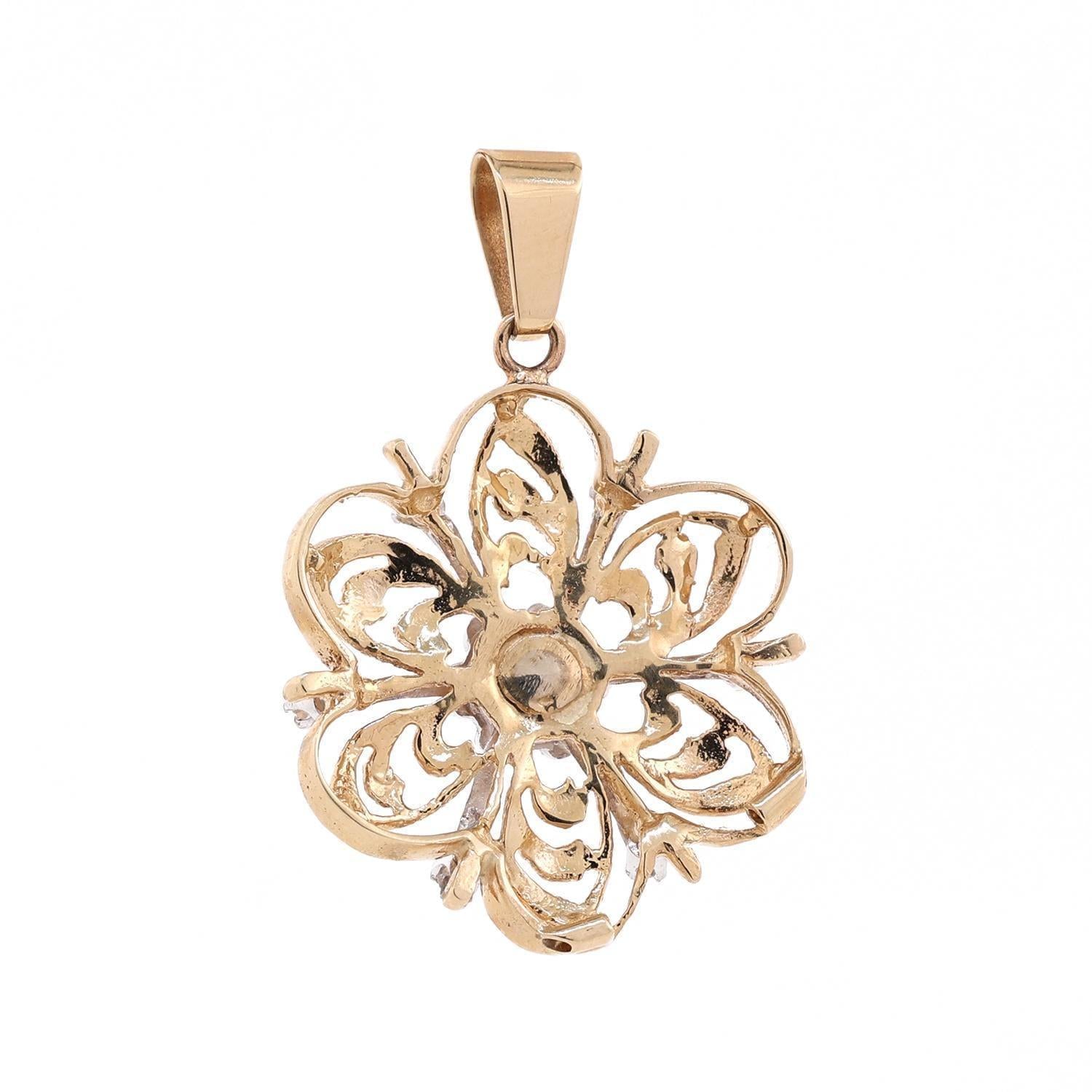 0.25 TW Diamond Flower Pendant 2-Tone Filigree Brushed Gold 1.5" Vintage Estate