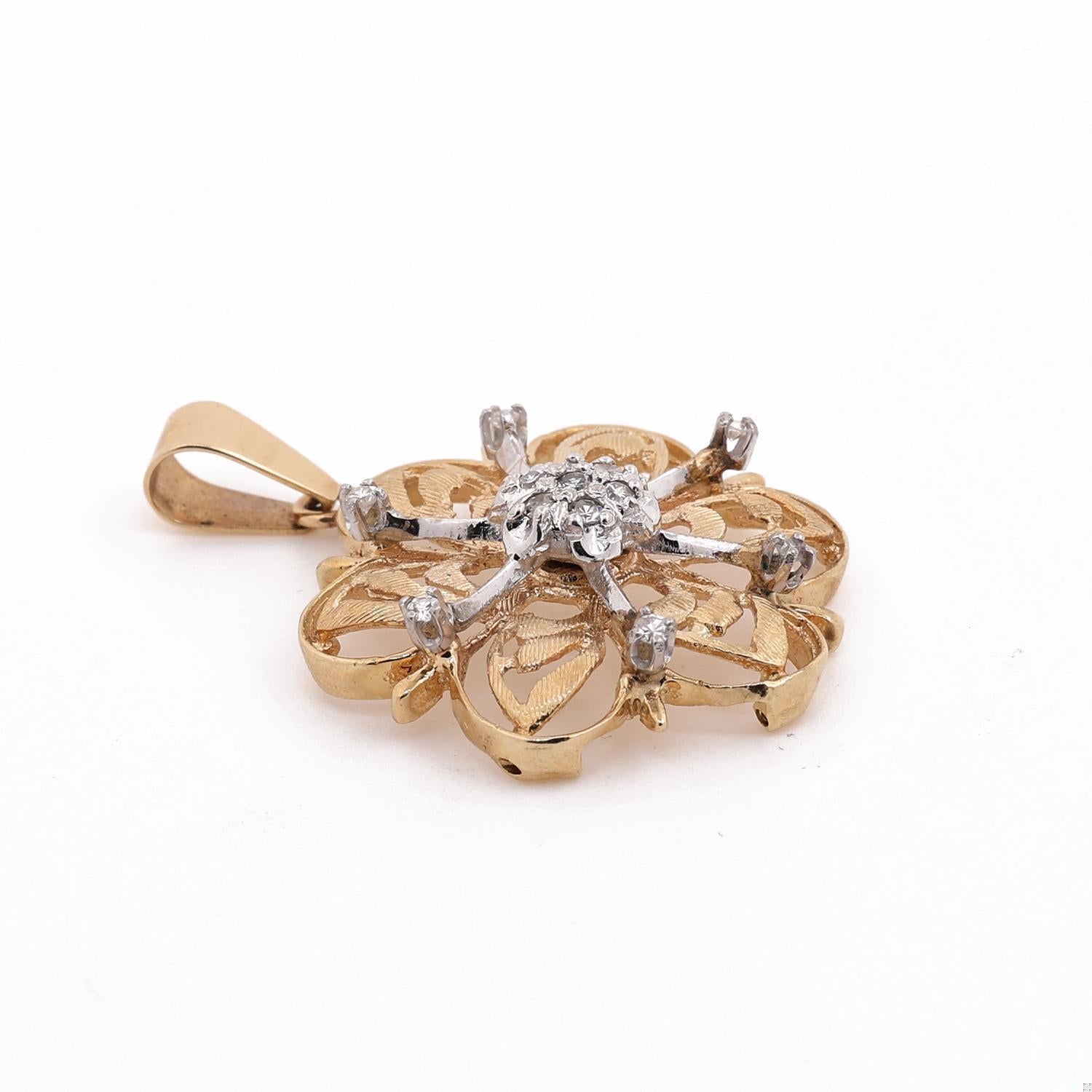 0.25 TW Diamond Flower Pendant 2-Tone Filigree Brushed Gold 1.5" Vintage Estate