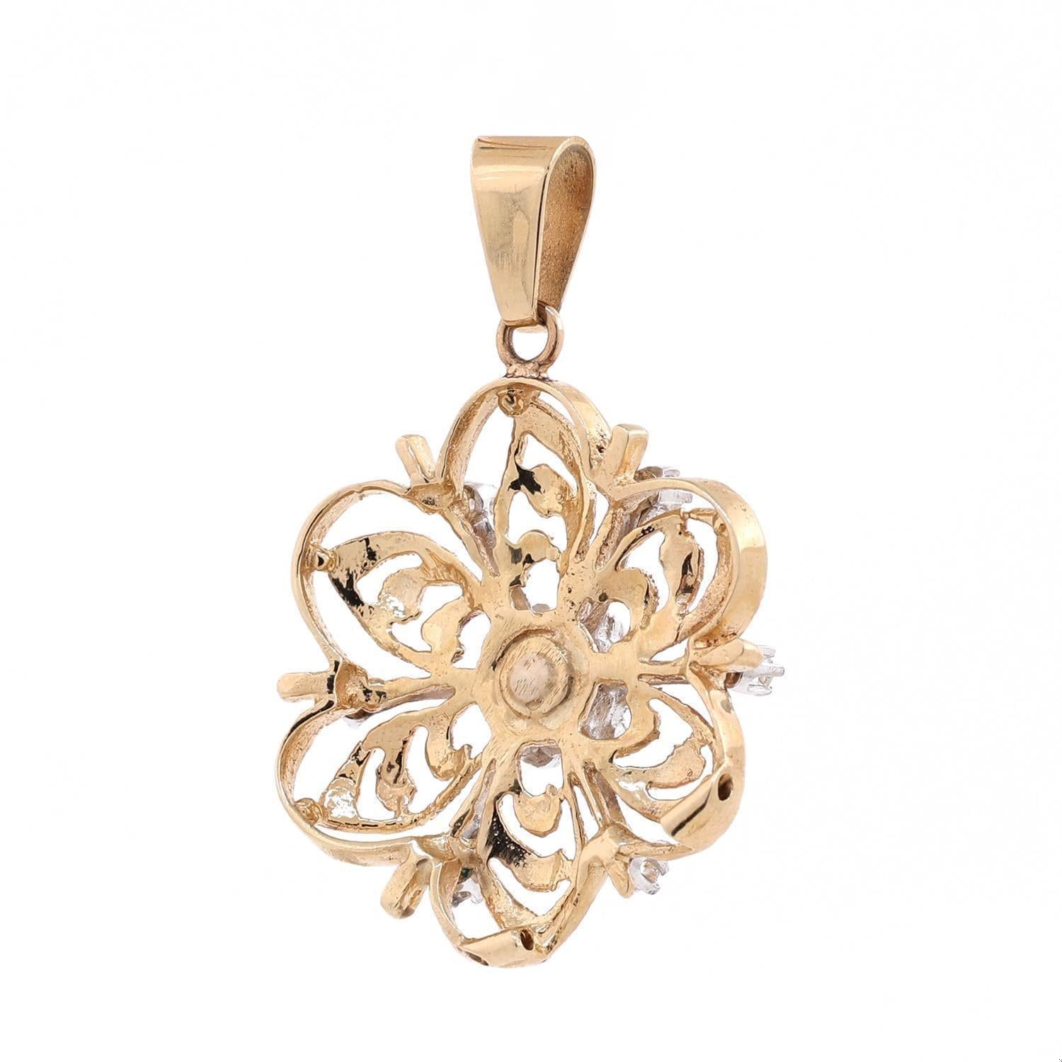0.25 TW Diamond Flower Pendant 2-Tone Filigree Brushed Gold 1.5" Vintage Estate