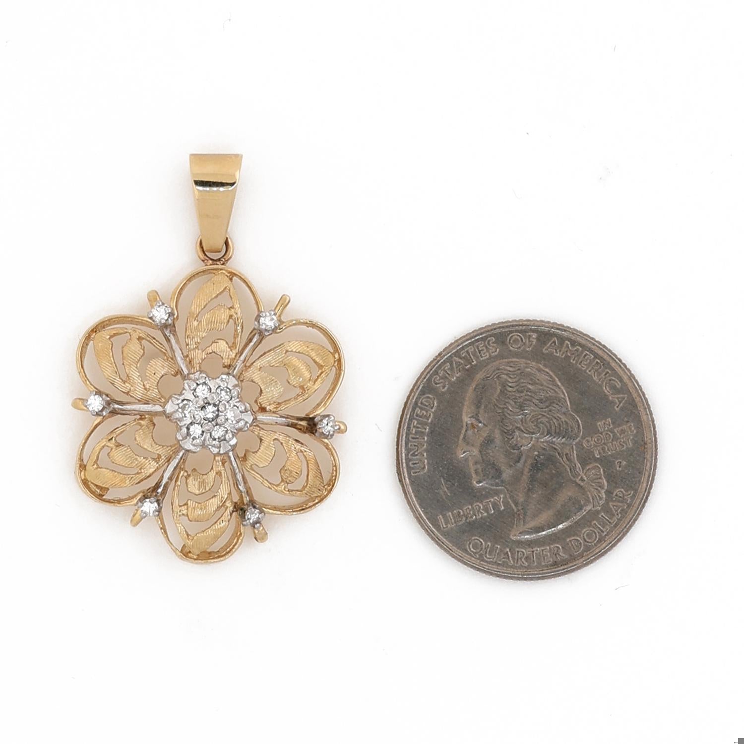 0.25 TW Diamond Flower Pendant 2-Tone Filigree Brushed Gold 1.5" Vintage Estate