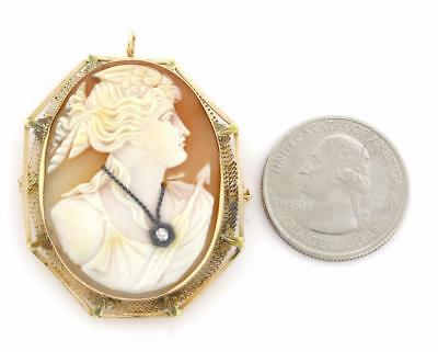 Vintage Large Cameo Brooch Pendant With Diamond Detail in 14K Yellow Gold Frame