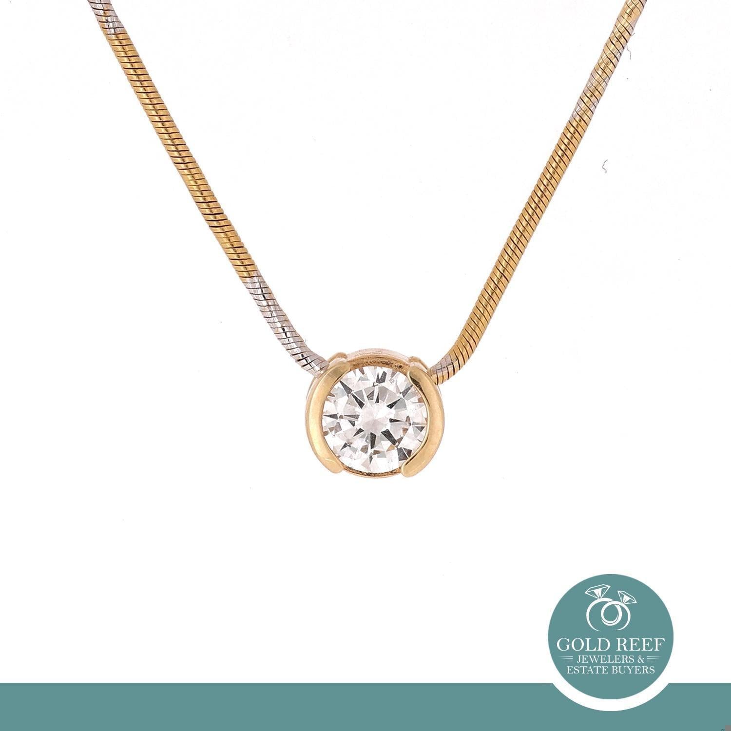 0.40 CT Round Diamond Solitaire Pendant Chain Necklace 14K Gold Bezel Set 16"