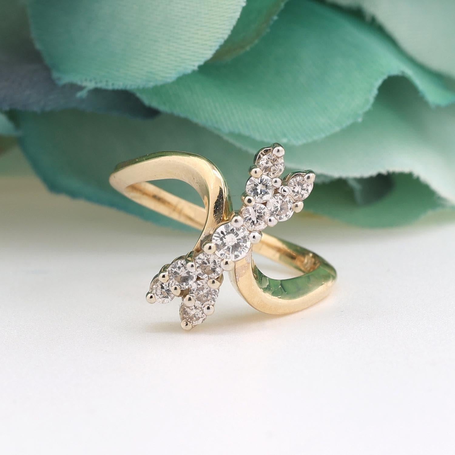 0.55 TW Diamond Bow Ring 14K Yellow Gold Size 6 Ladies Estate