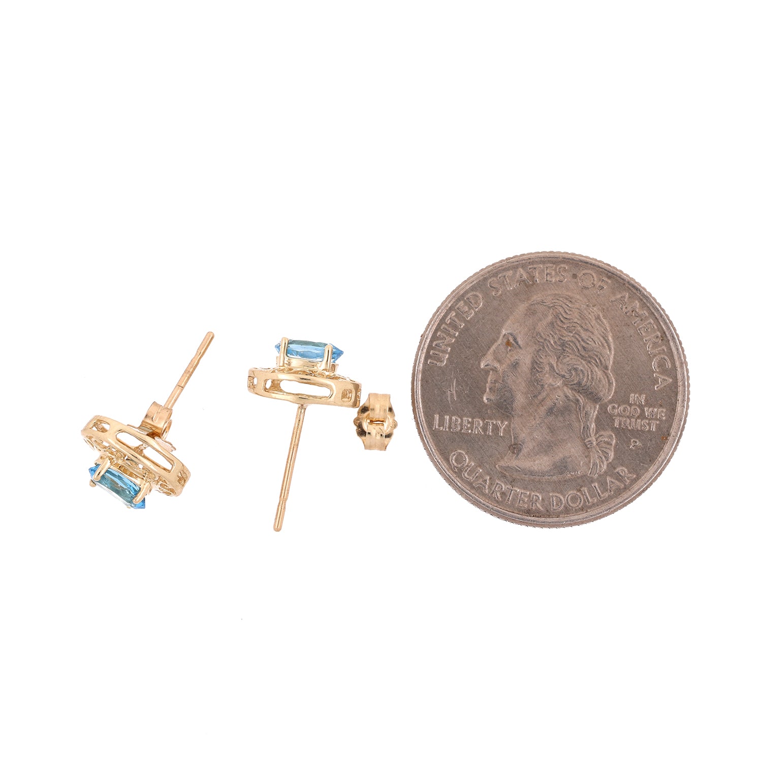 Blue Topaz Filigree Stud Earrings 14K Yellow Gold 1.16 TW Oval Gems