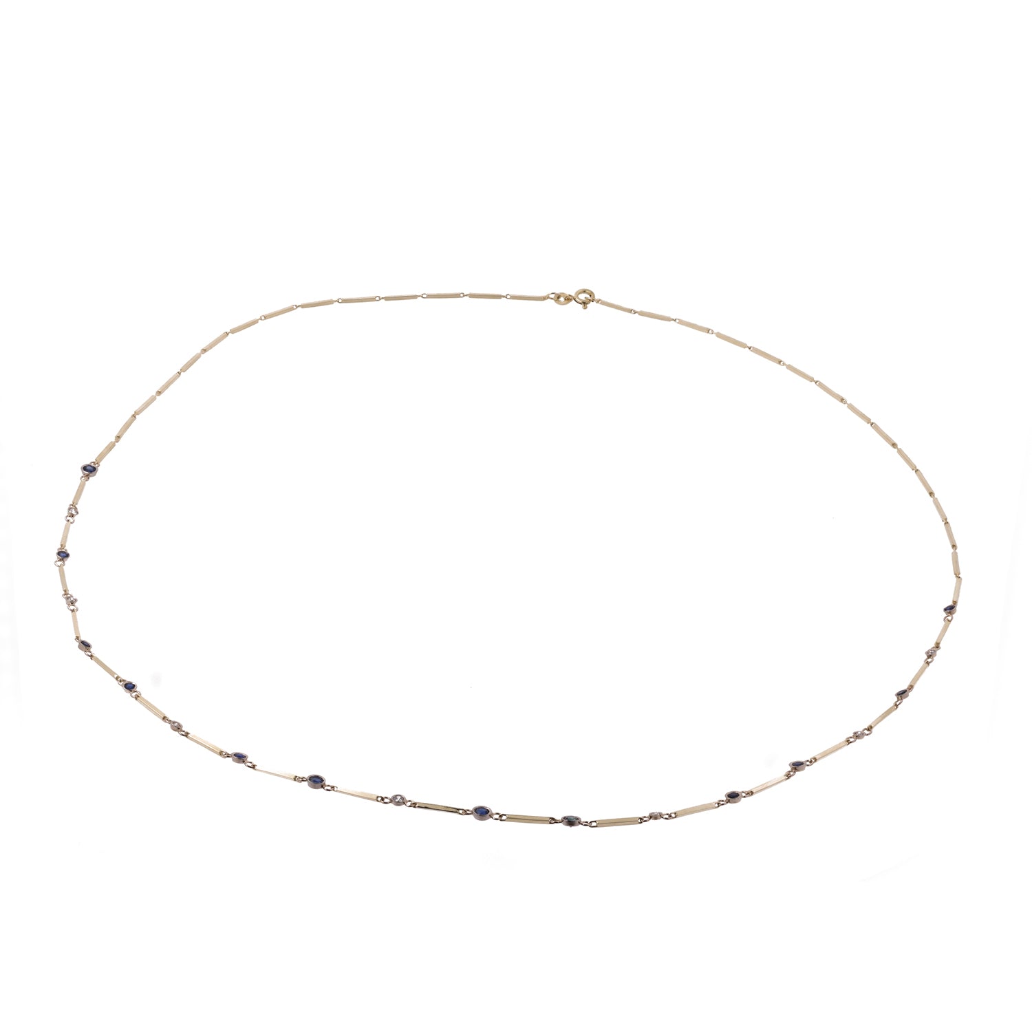 Blue Sapphire Diamond Station Necklace 14K Yellow Gold Bar Link Chain 26.5"