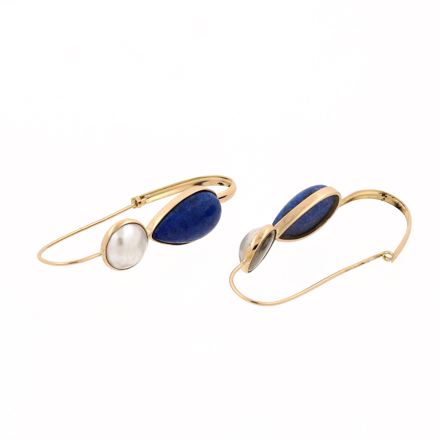 Lapis Lazuli Pearl Oval Hoop Earrings 18K Yellow Gold 1.80" Estate