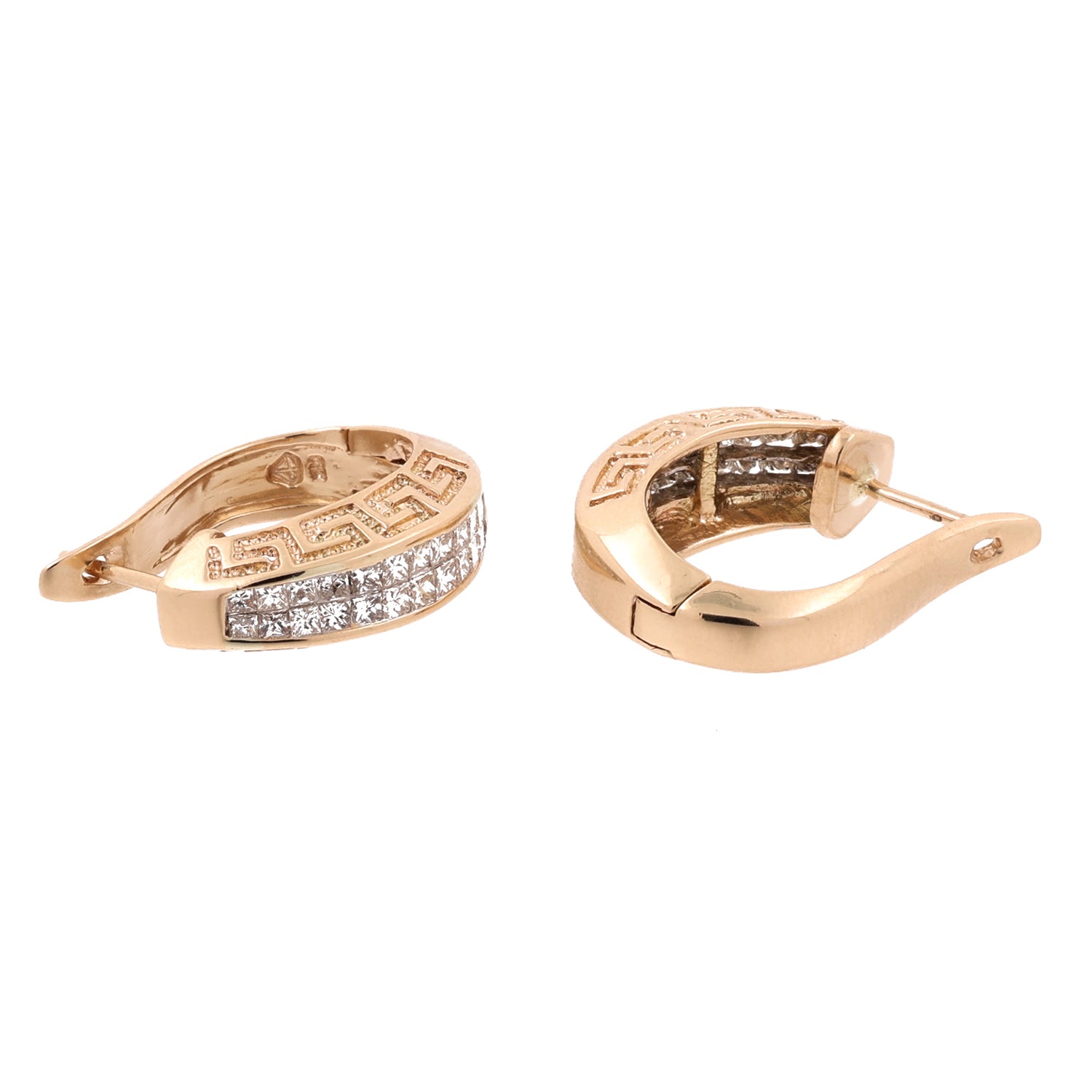 Diamond Greek Key Huggie Hoop Earrings 14K Yellow Gold 1.80 TW Princess Cut
