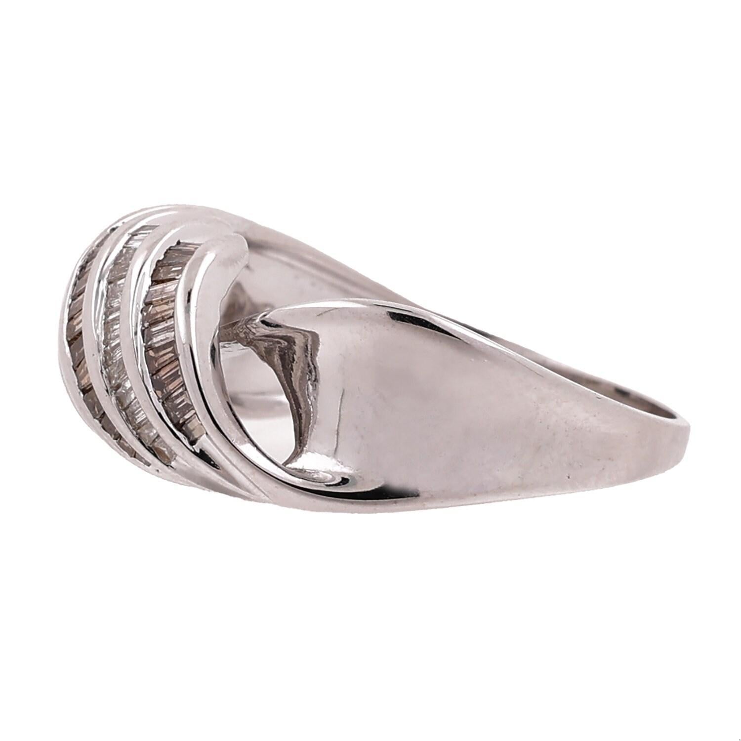 14K White Gold 1.00CTW White & Champagne Baguette Diamond Swirl Ring Size 7.25
