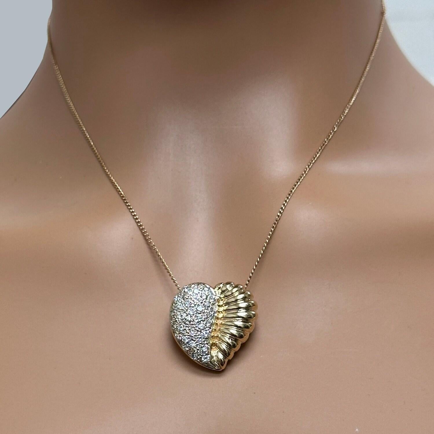 1.00TW Cluster Diamond Ribbed Heart Slider Pendant 14K Yellow Gold