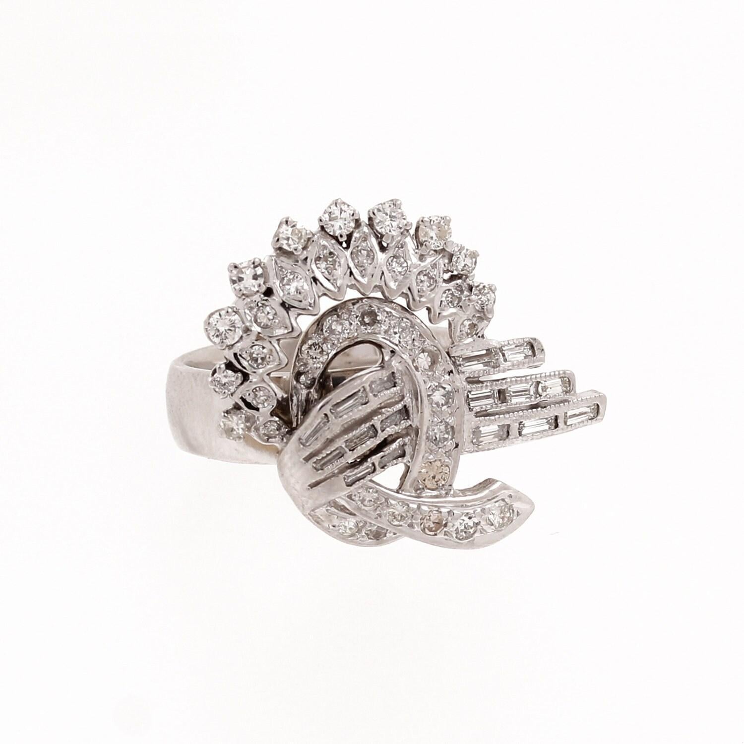 1.00 TW Diamond Ribbon Statement Ring 14K White Gold Floral Swirl Size 7