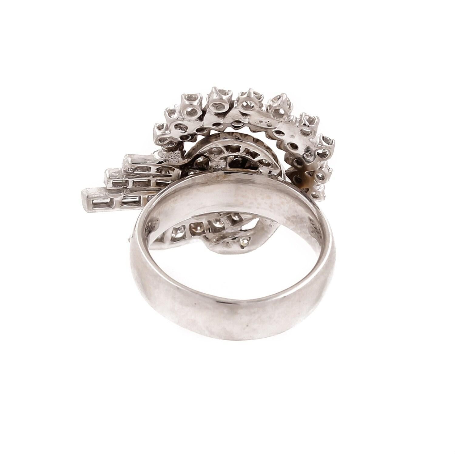 1.00 TW Diamond Ribbon Statement Ring 14K White Gold Floral Swirl Size 7