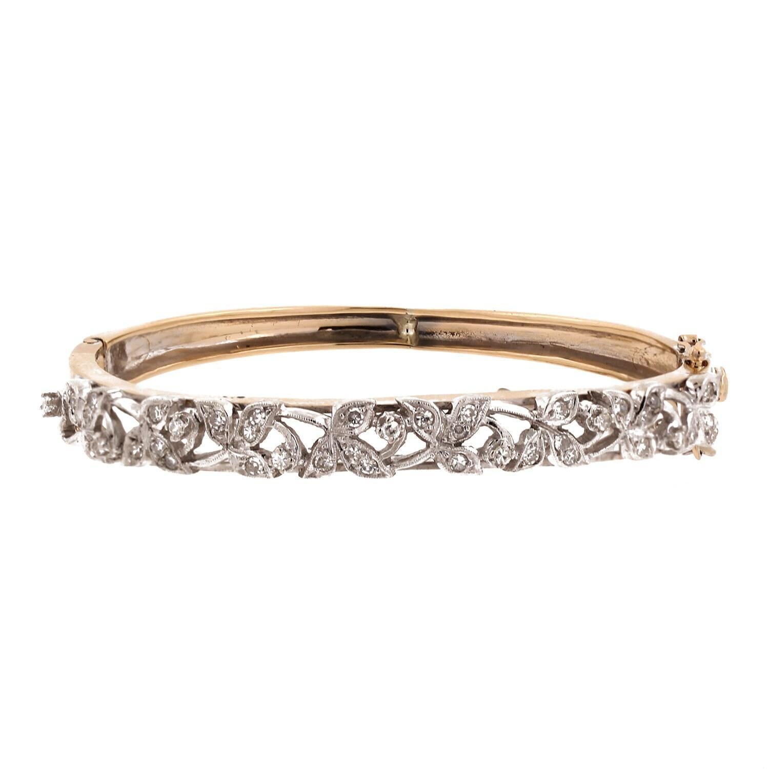 1.00 TW Vintage Diamond Floral Bangle Bracelet Two-Tone Gold 6.5" Ladies Estate