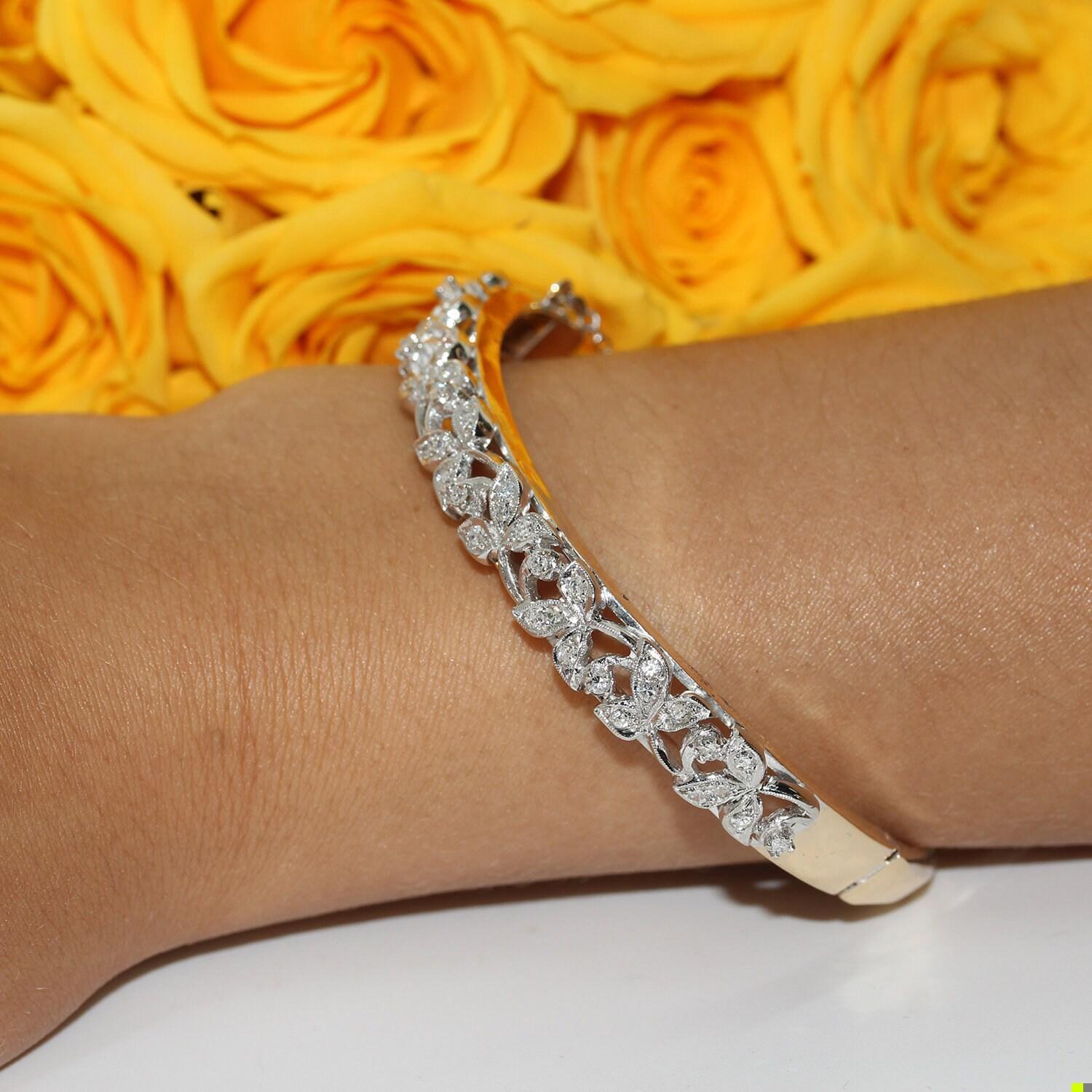 1.00 TW Vintage Diamond Floral Bangle Bracelet 14K Two-Tone Gold 6.5" Ladies