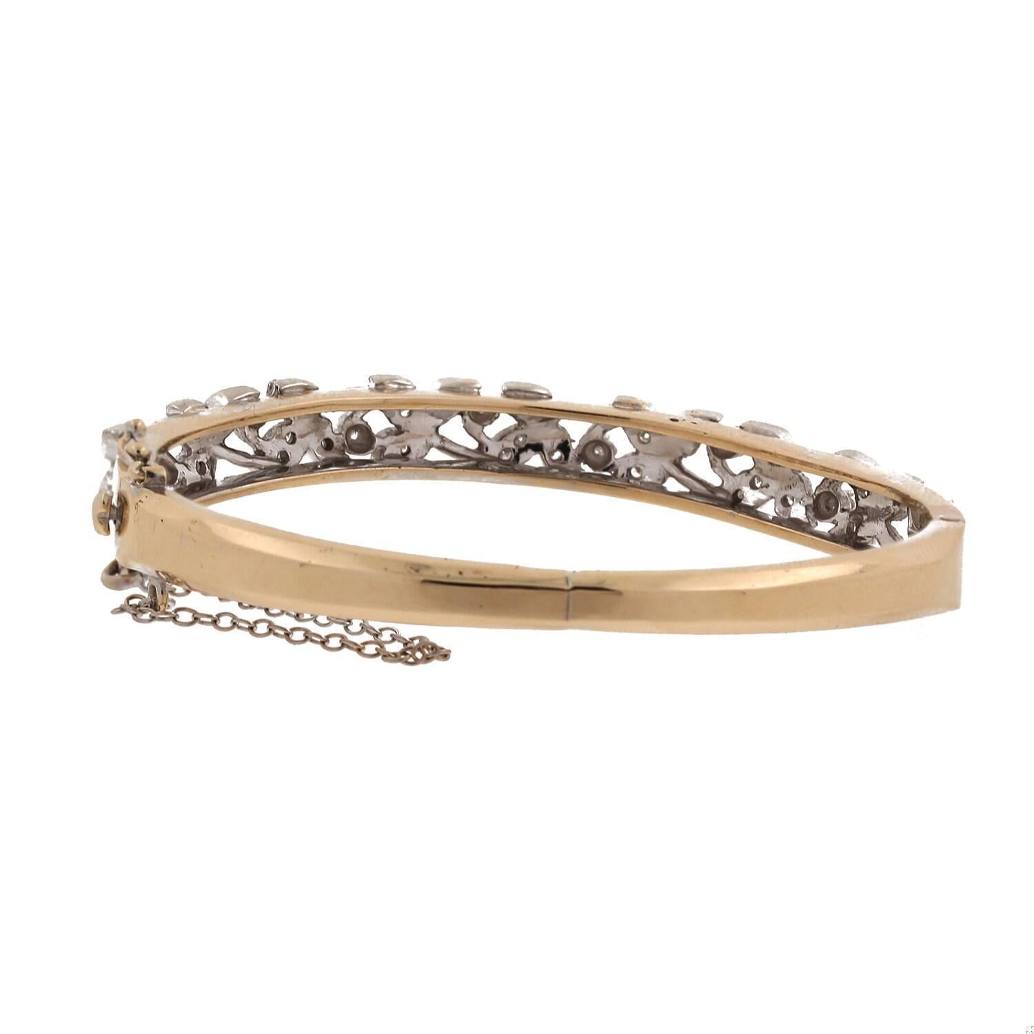 1.00 TW Vintage Diamond Floral Bangle Bracelet 14K Two-Tone Gold 6.5" Ladies