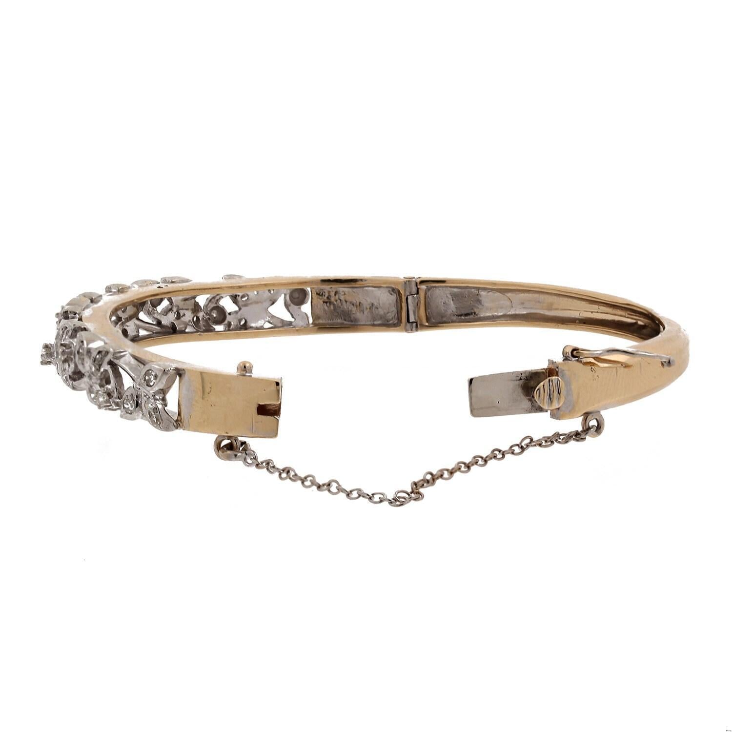 1.00 TW Vintage Diamond Floral Bangle Bracelet Two-Tone Gold 6.5" Ladies Estate