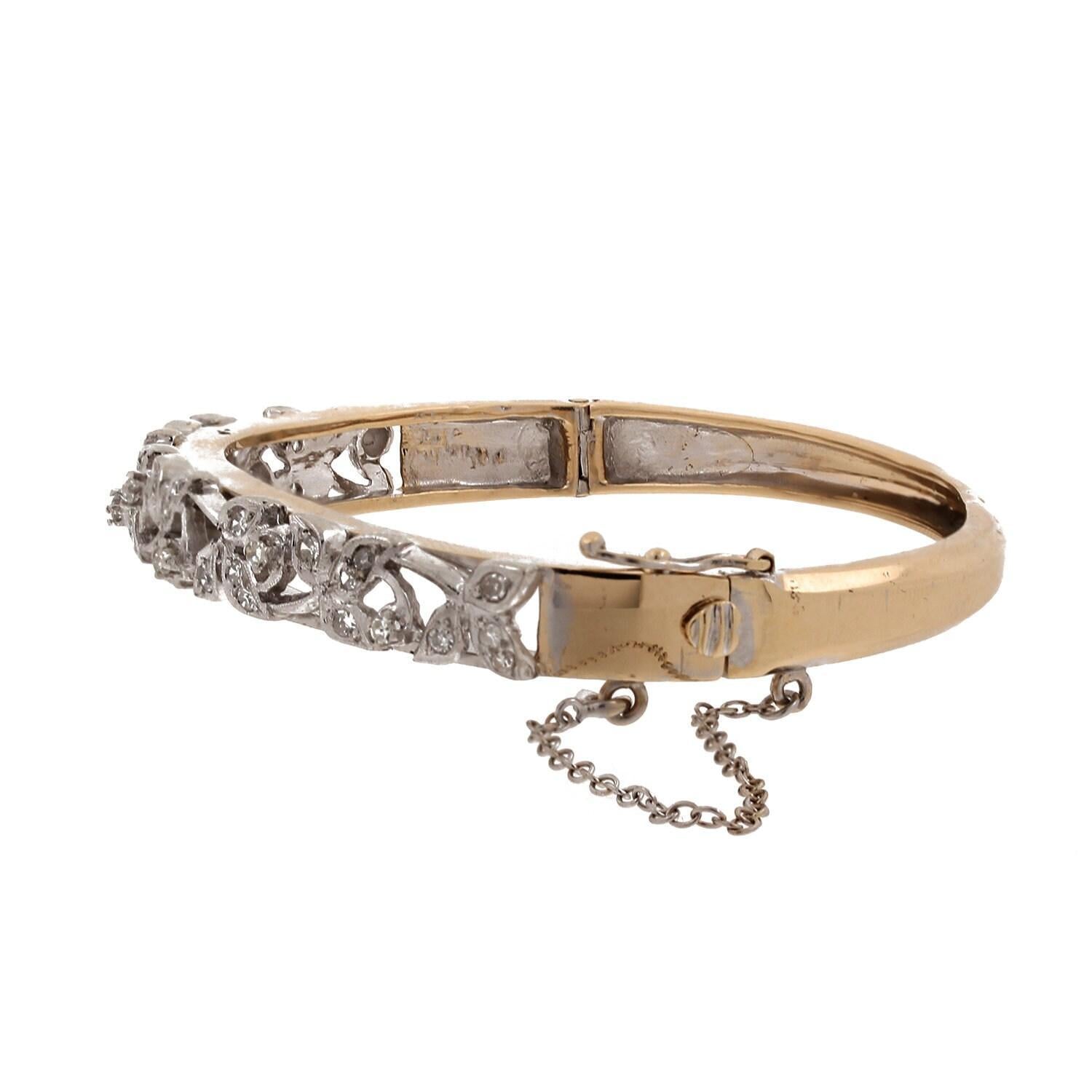 1.00 TW Vintage Diamond Floral Bangle Bracelet 14K Two-Tone Gold 6.5" Ladies