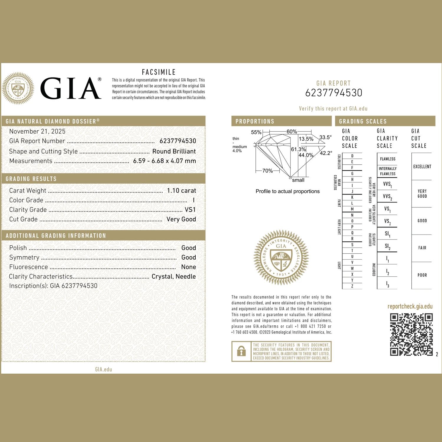 GIA 1.10 CT Round Diamond Halo Engagement Ring 18K White Gold VS1 1.63 CTW
