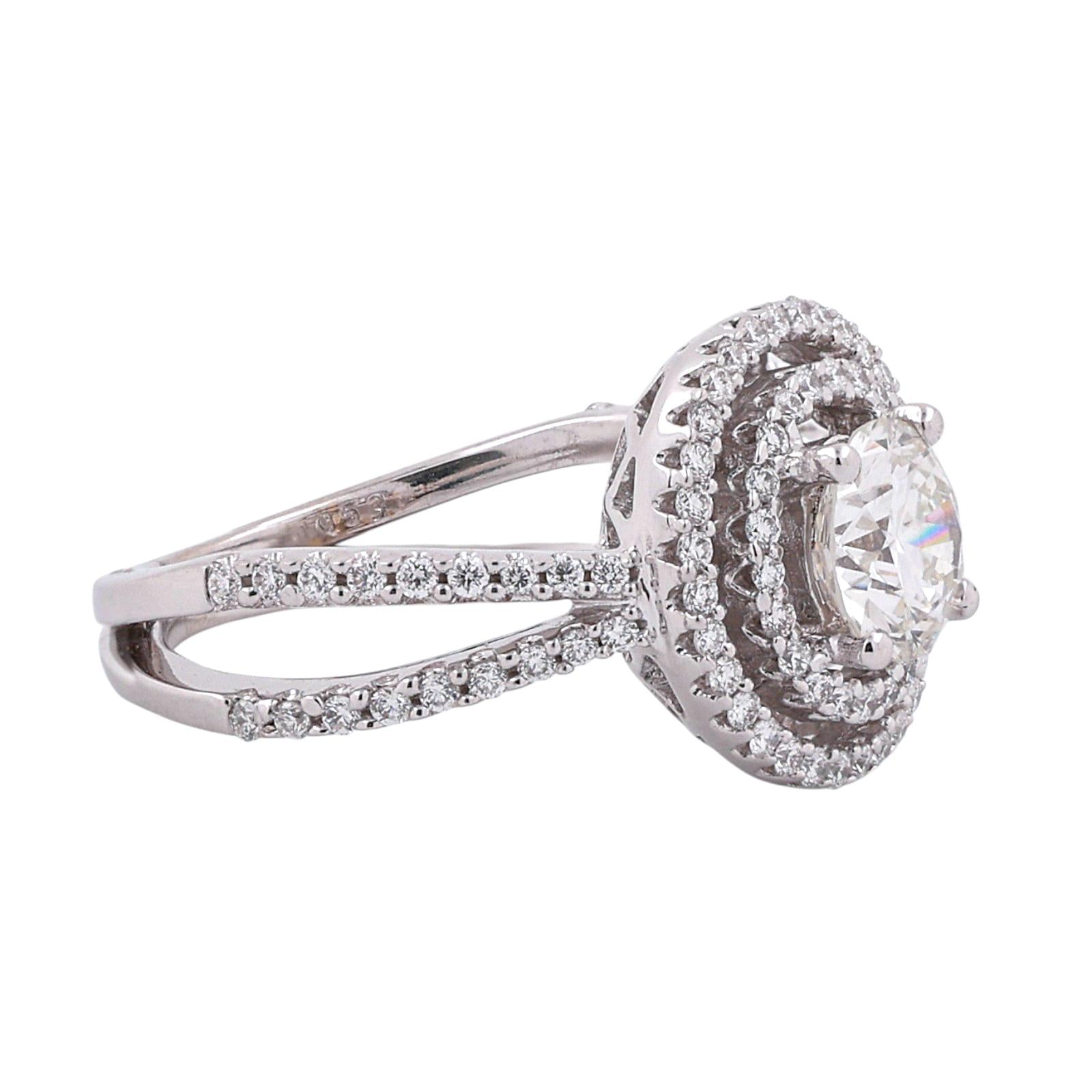 GIA 1.10 CT Round Diamond Halo Engagement Ring 18K White Gold VS1 1.63 CTW