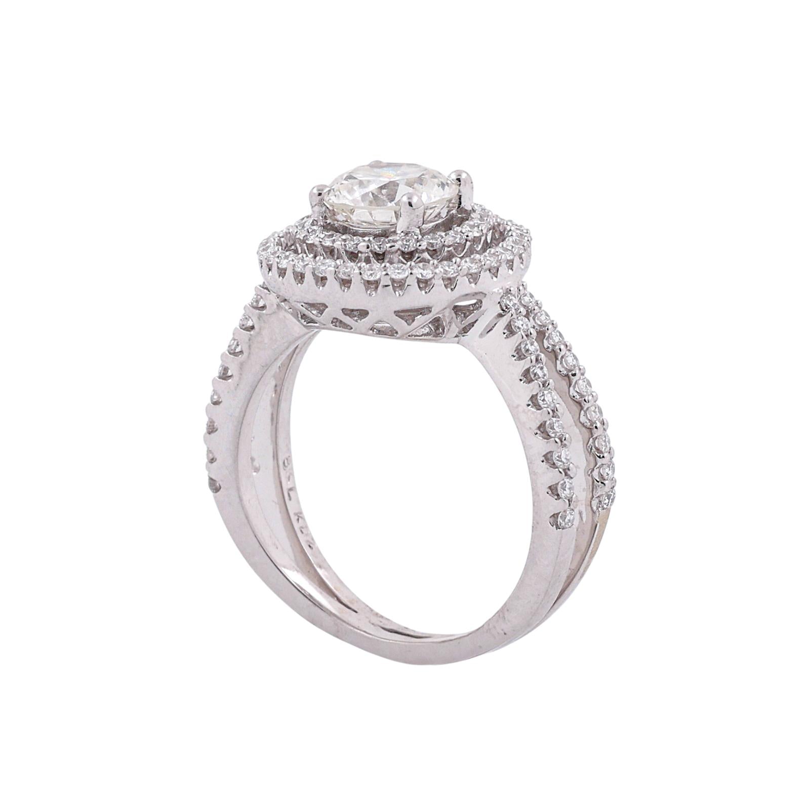 GIA 1.10 CT Round Diamond Halo Engagement Ring 18K White Gold VS1 1.63 CTW