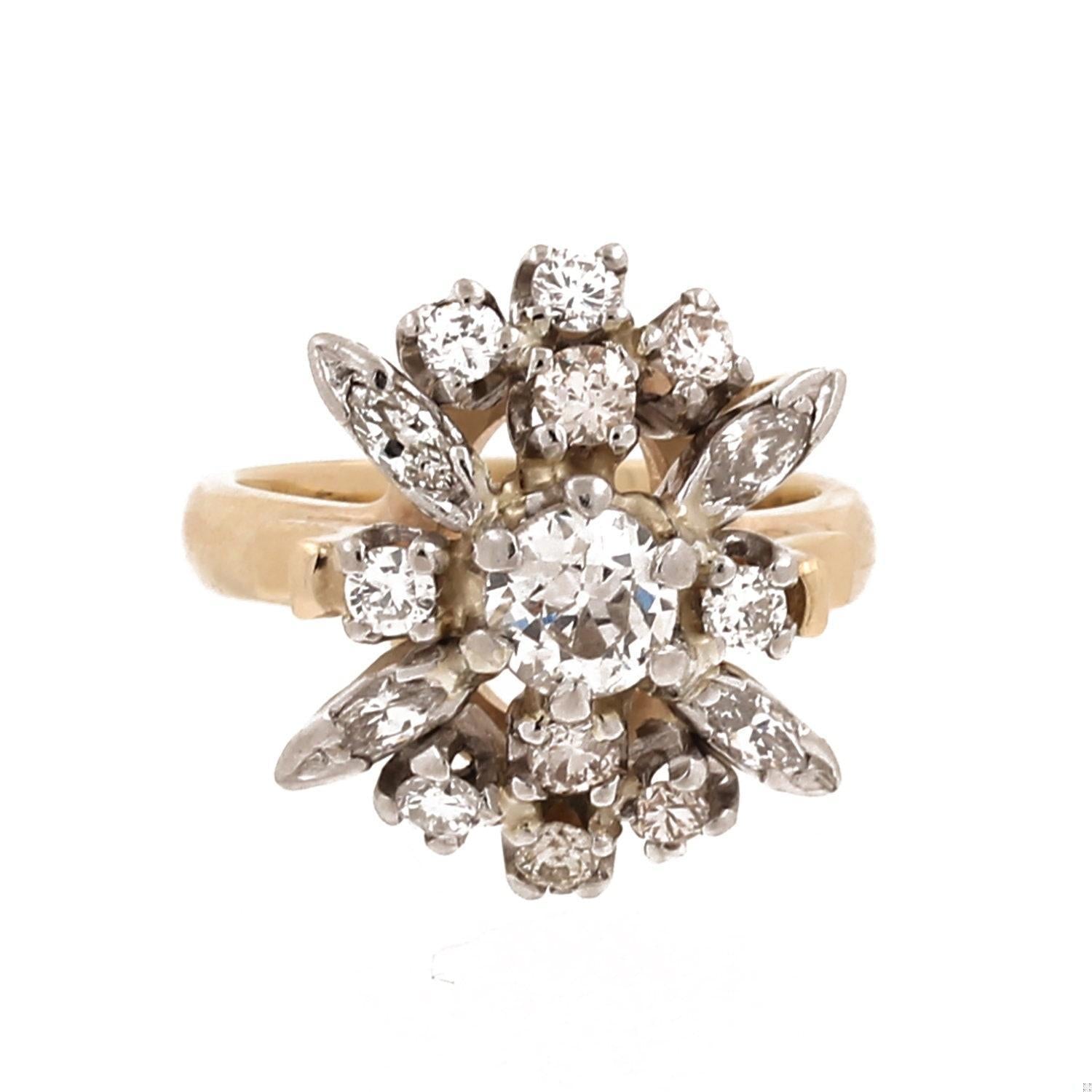 1.25 CTW Old European Cut Floral Diamond Ring 14K Two-Tone Gold Size 4.5 Estate
