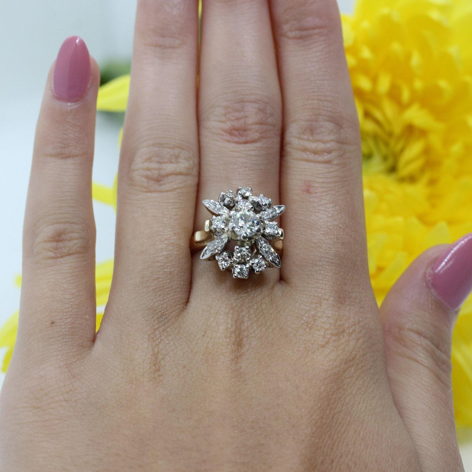 1.25 CTW Old European Cut Floral Diamond Ring 14K Two-Tone Gold Size 4.5 Estate